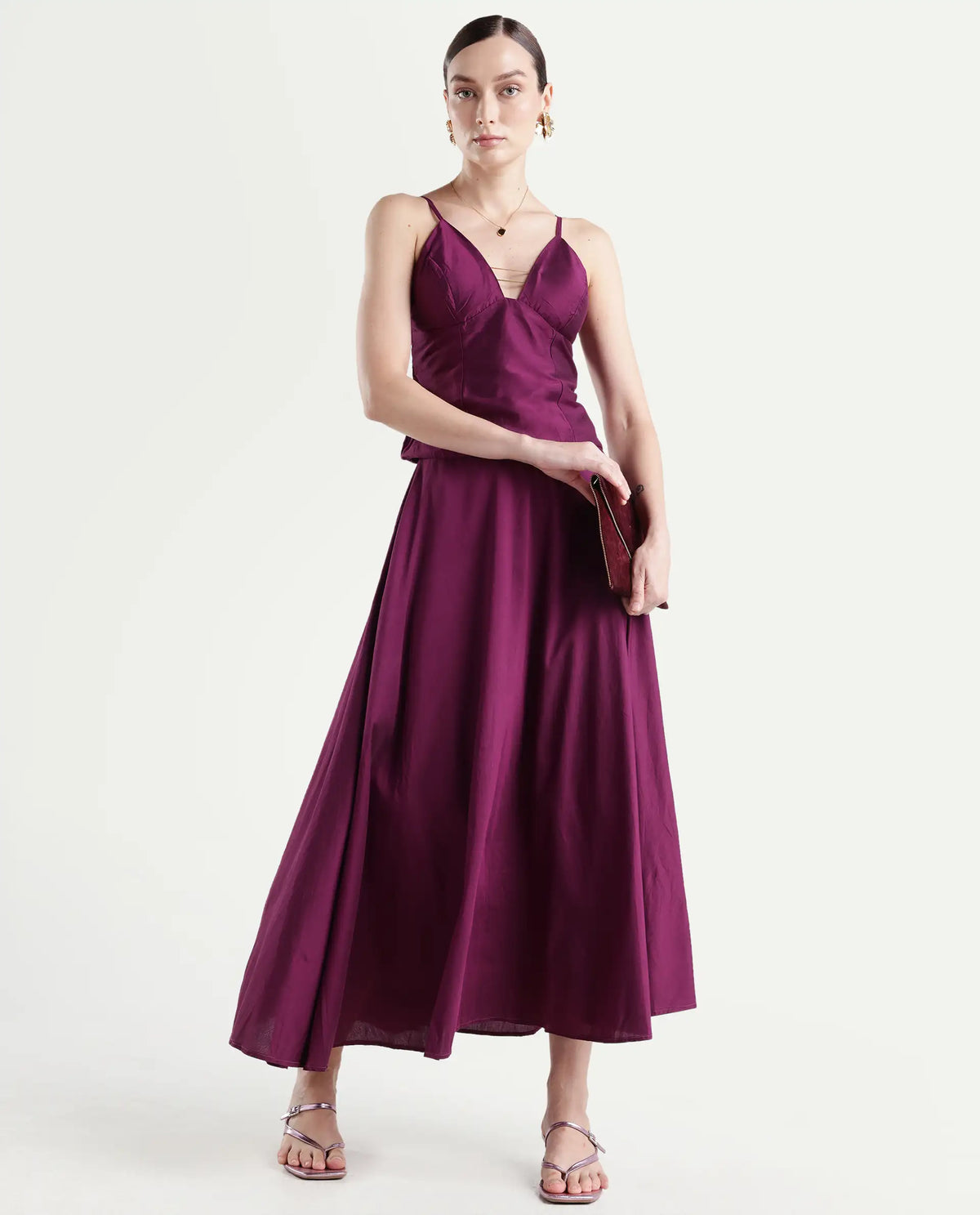Rareism Women's Carfa B Purple Silk Plain Maxi Flared Skirt