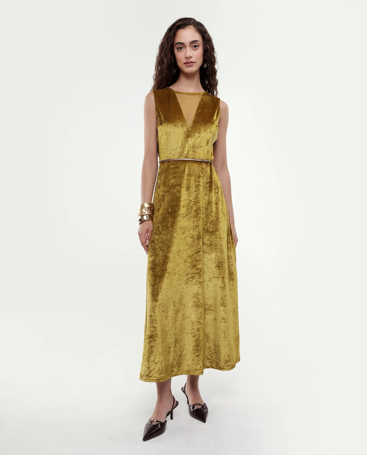 Rareism Women's Clementi Olive Velvet V-Neck Plain Sleeveless Maxi Fit And Flare Dress