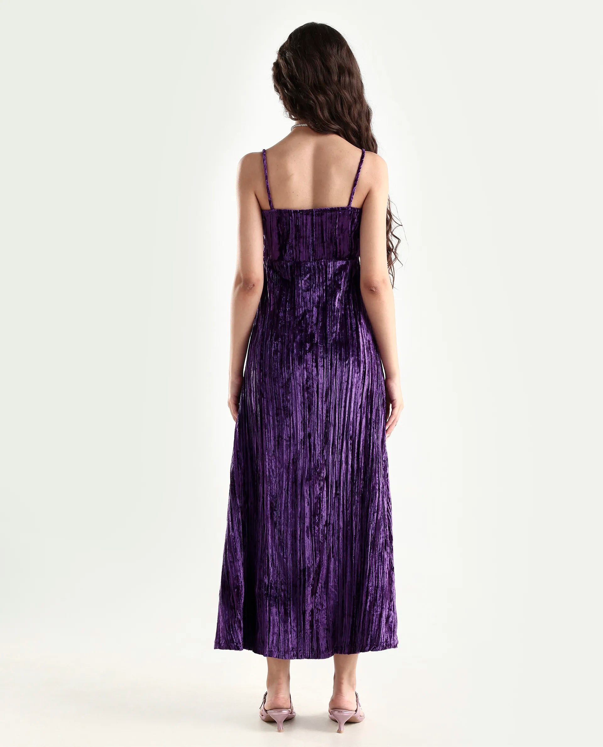 Rareism Women's Harbo Purple Velvet Shoulder Strap Plain Sleeveless Maxi Fit And Flare Dress
