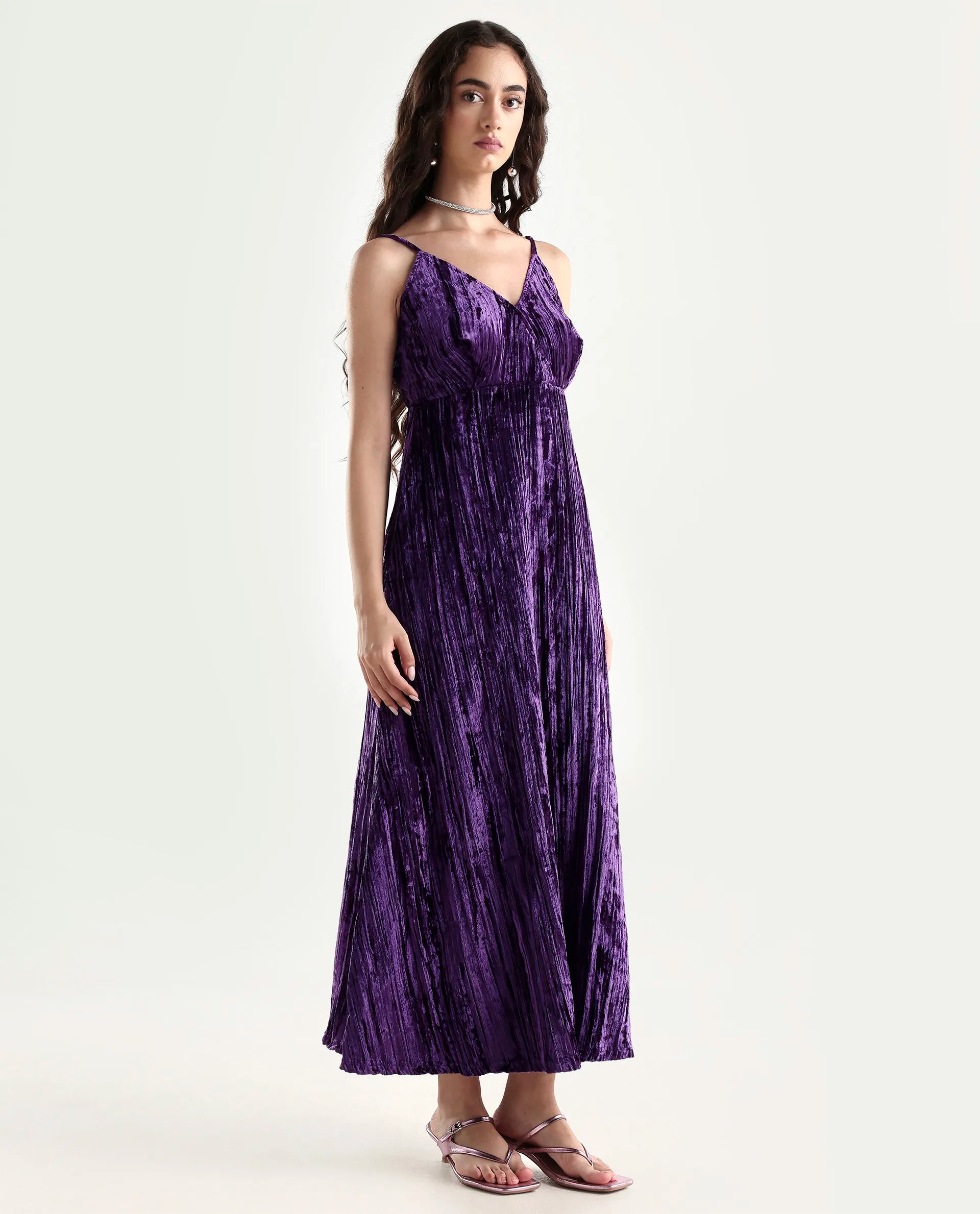 Rareism Women's Harbo Purple Velvet Shoulder Strap Plain Sleeveless Maxi Fit And Flare Dress
