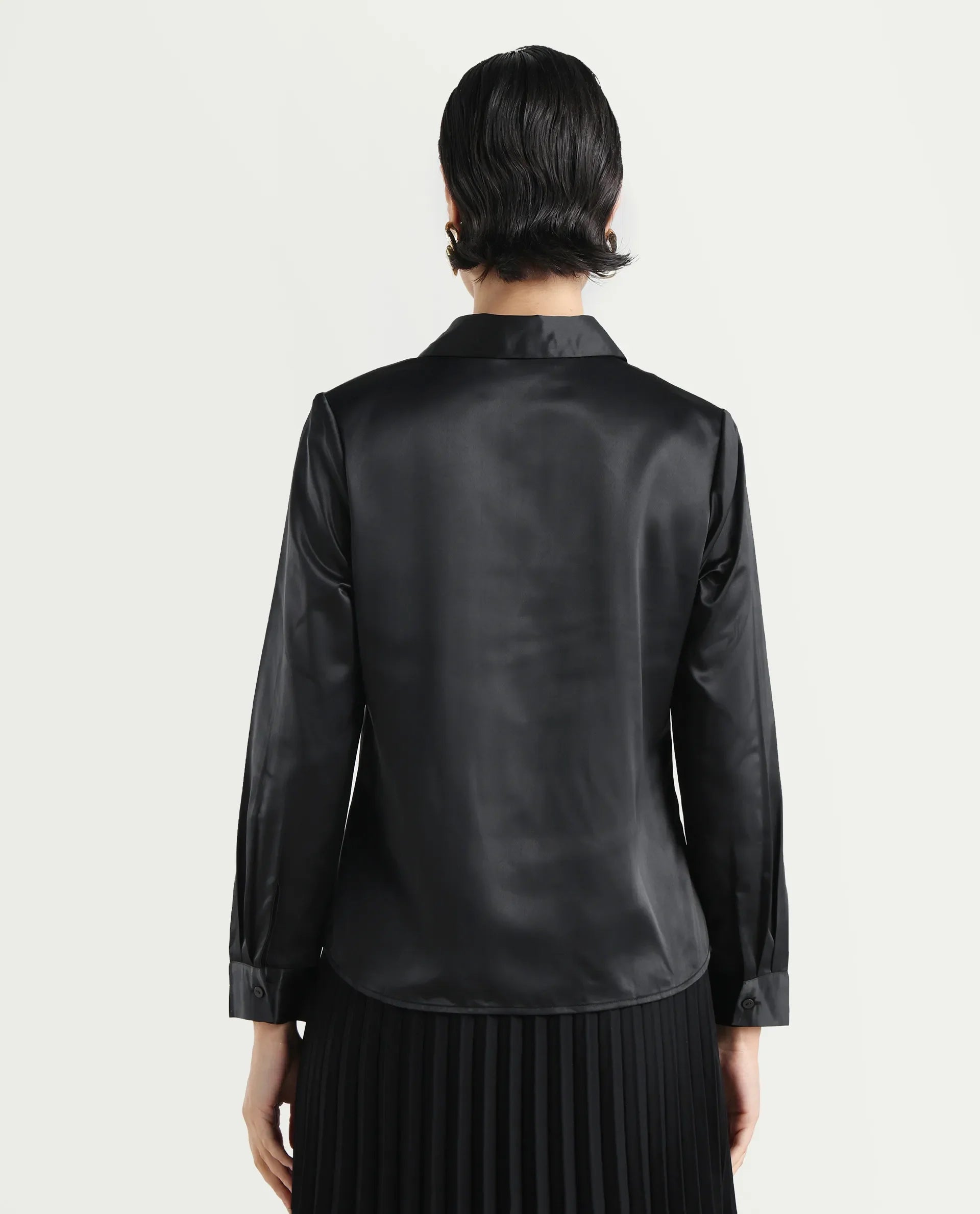 Rareism Women's Derep Black Satin Drop Collar Dyed Cuffed Sleeve Regular Fit Shirt