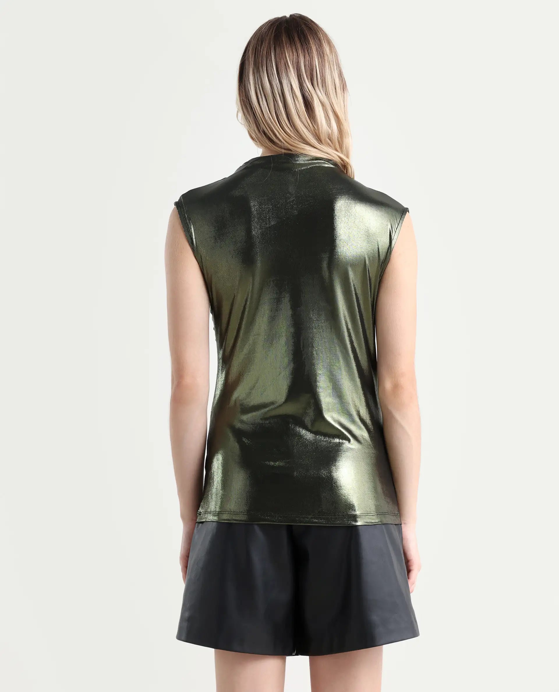 Rareism Women's Tangui Metallic Green Polyester High Neck Plain Sleeveless Regular Fitted Top