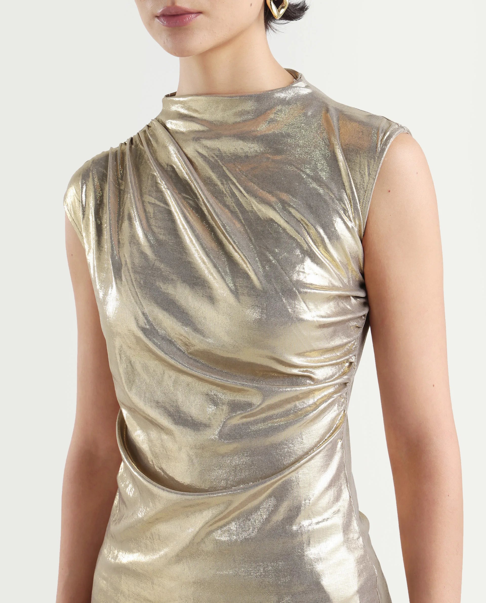 Rareism Women's Tangui Metallic Gold Polyester High Neck Plain Sleeveless Regular Fitted Top