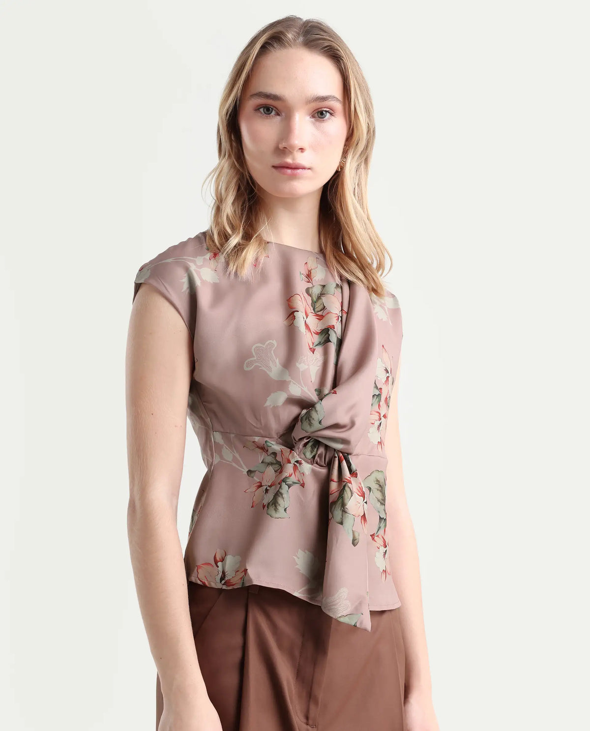 Rareism Women's Geddly Multi Satin Cowl Neck Floral Print Extended Sleeves Regular Fit Top