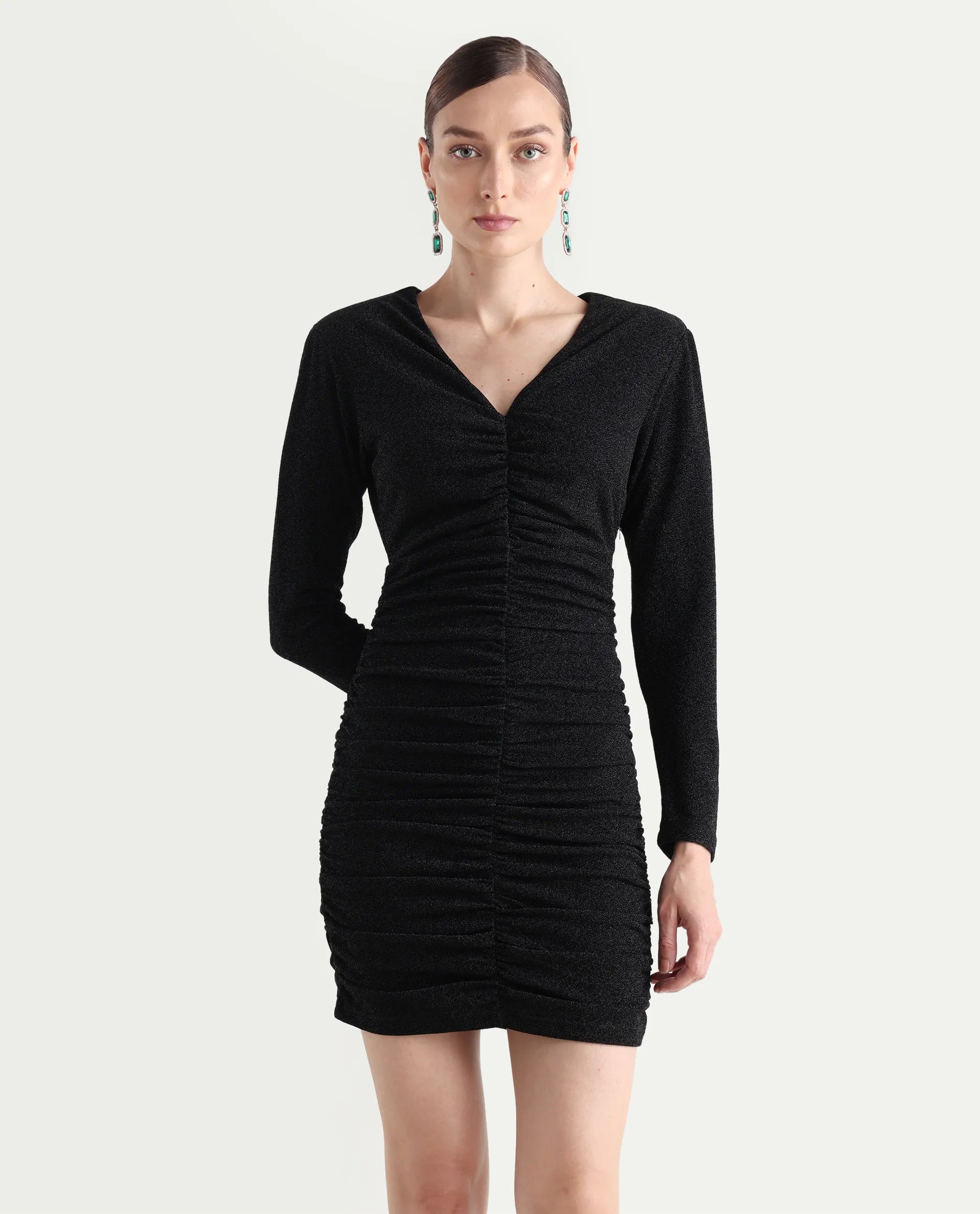 Rareism Women's Amasya Black Polyester V-Neck Plain Knee Length Fitted Dress