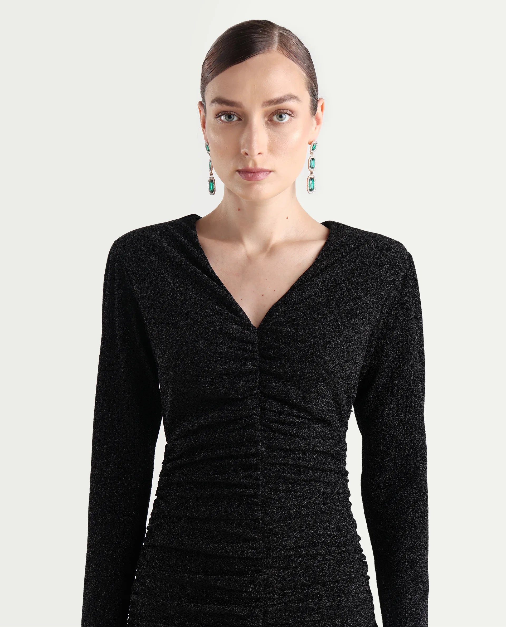 Rareism Women's Amasya Black Polyester V-Neck Plain Knee Length Fitted Dress