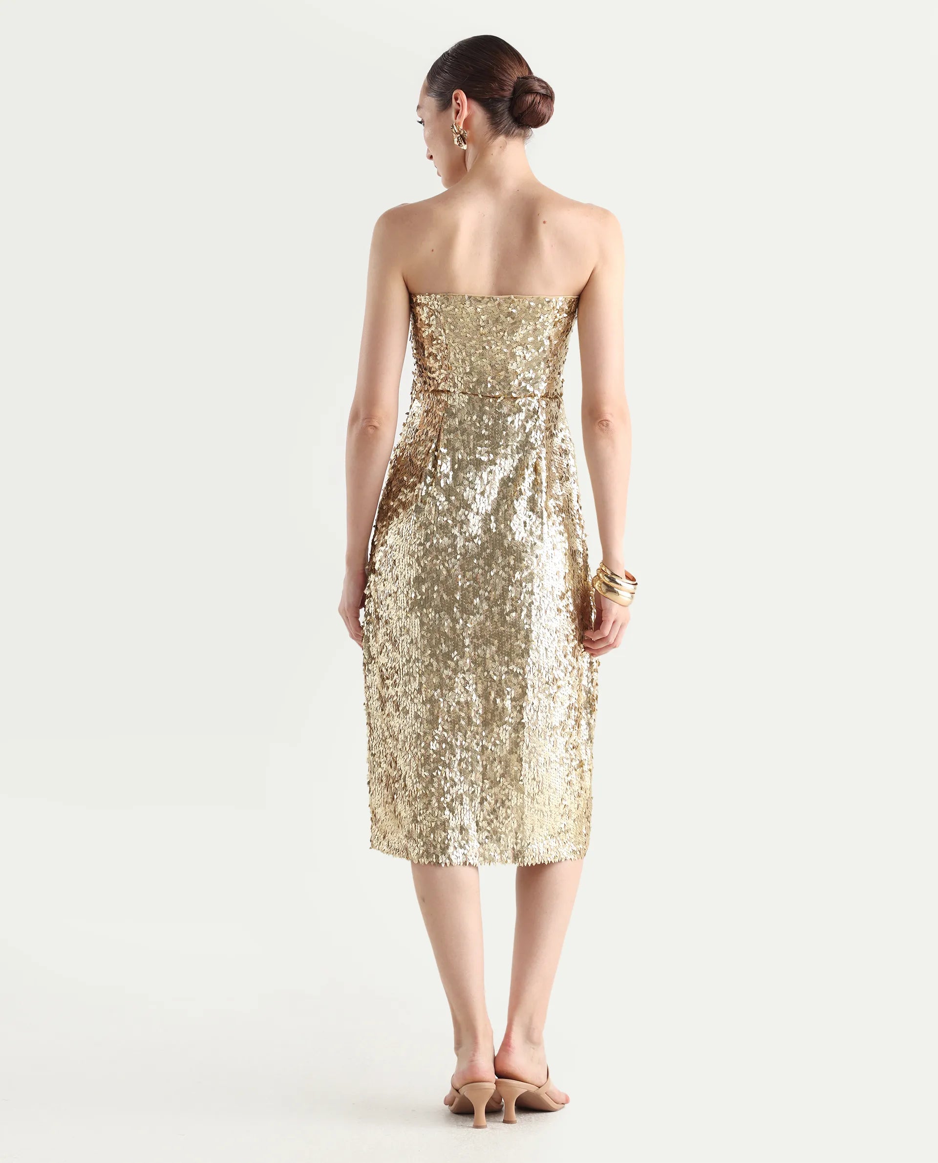 Rareism Women's Ganvi Metallic Polyester Tube Neck Sequined Sleeveless Midi Fitted Dress