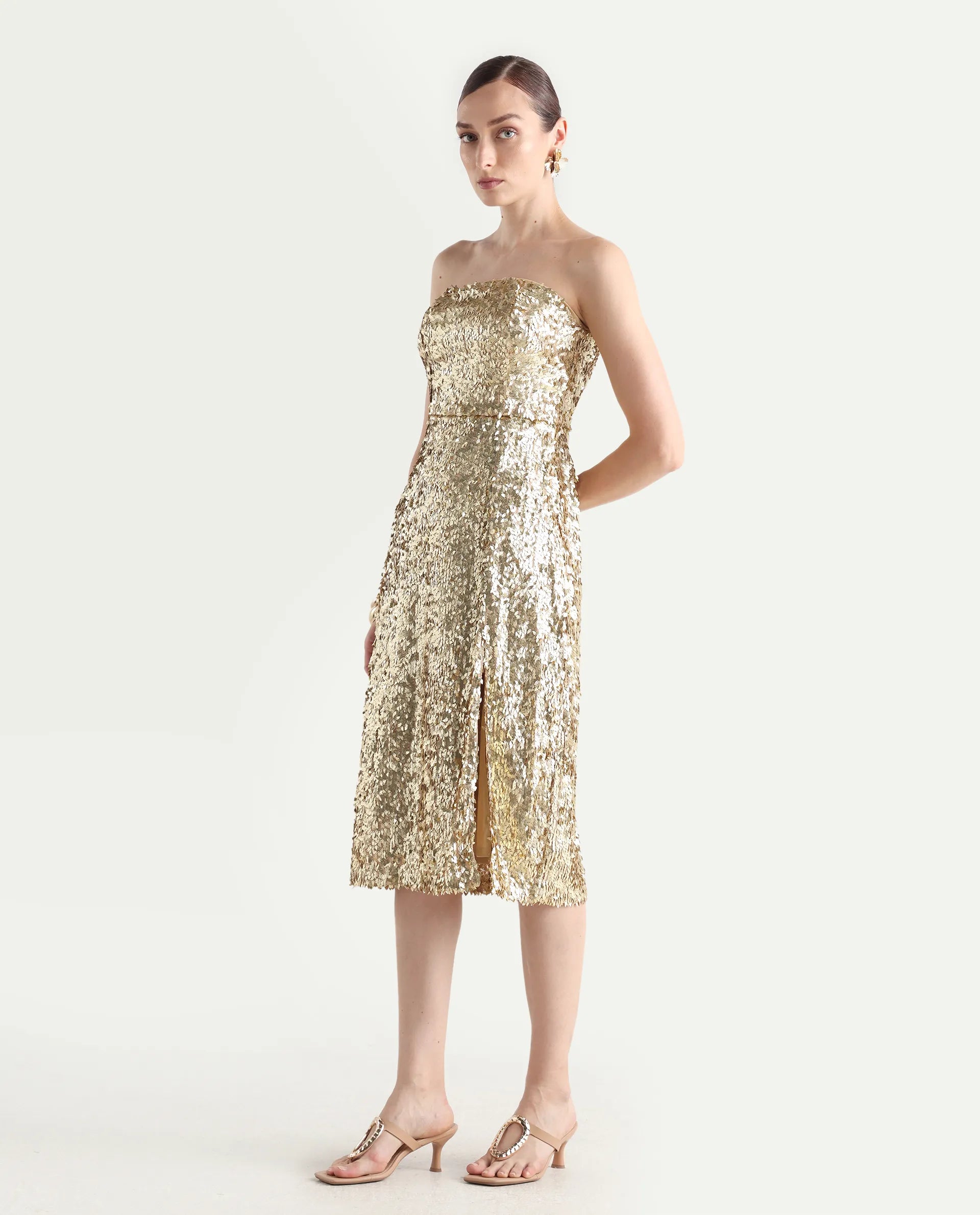 Rareism Women's Ganvi Metallic Polyester Tube Neck Sequined Sleeveless Midi Fitted Dress