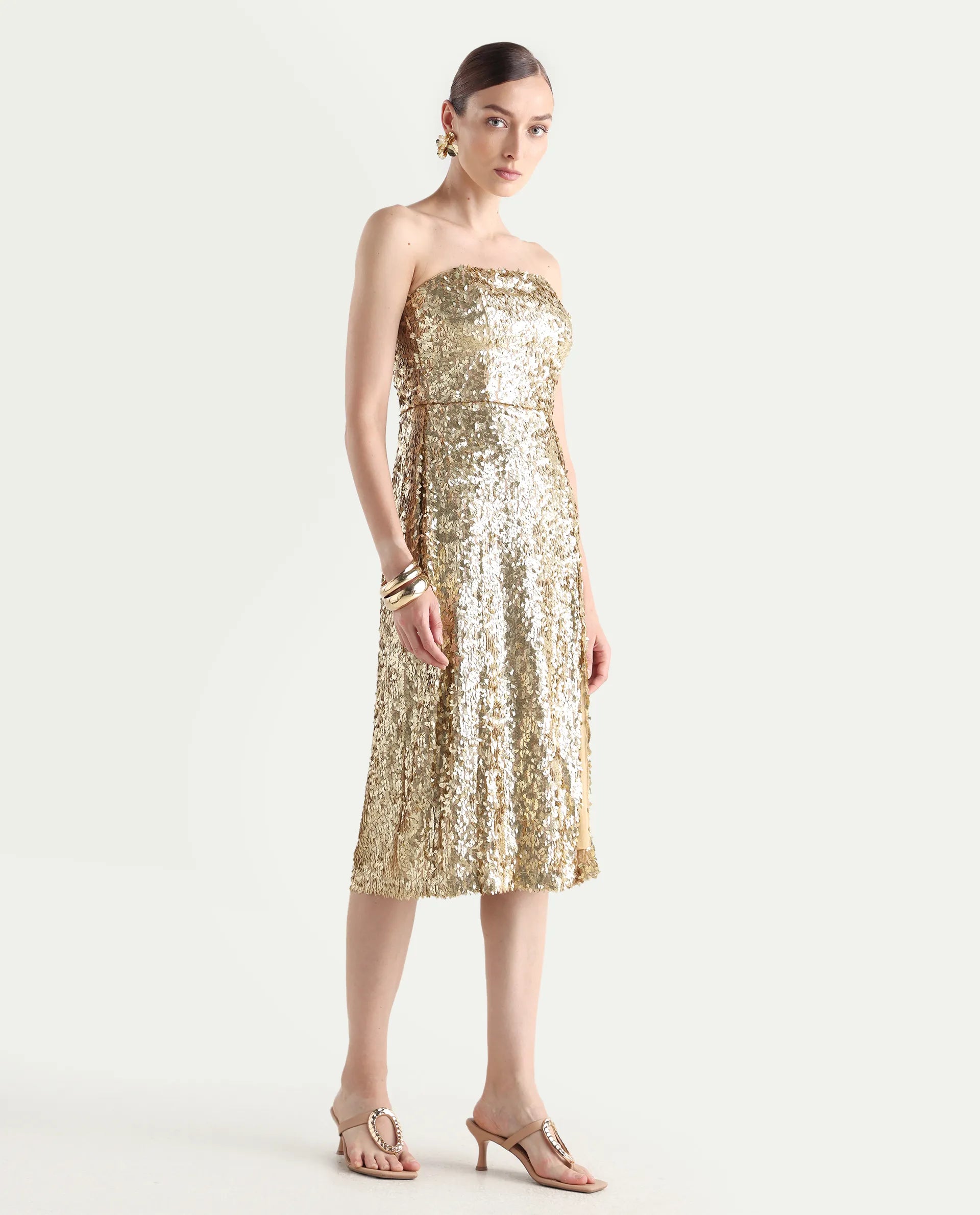 Rareism Women's Ganvi Metallic Polyester Tube Neck Sequined Sleeveless Midi Fitted Dress