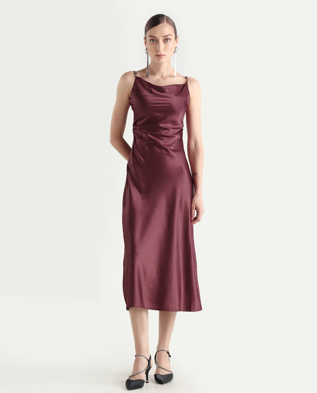 Rareism Women's Roala Maroon Satin Shoulder Strap Plain Sleeveless Maxi Fitted Dress
