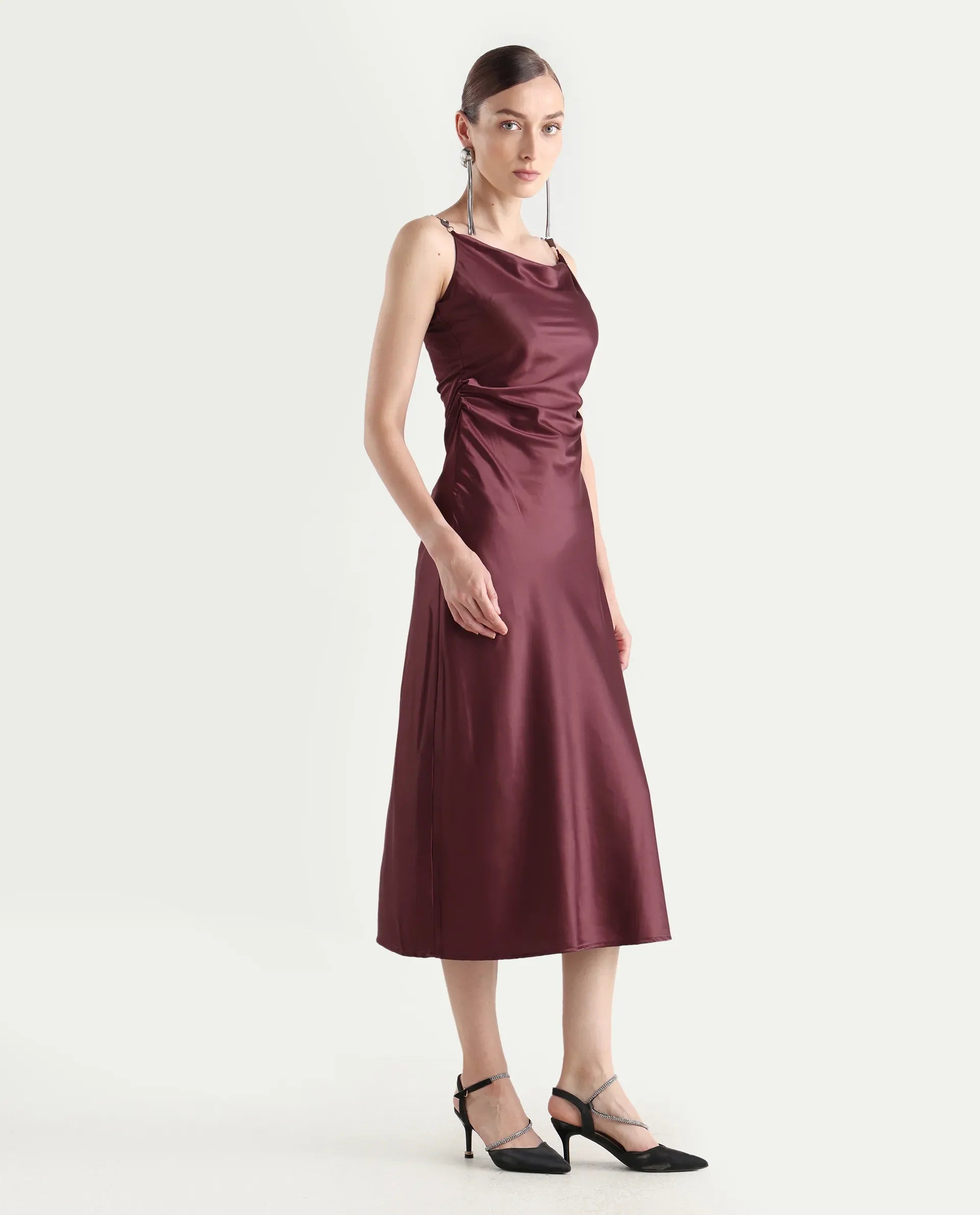 Rareism Women's Roala Maroon Satin Shoulder Strap Plain Sleeveless Maxi Fitted Dress