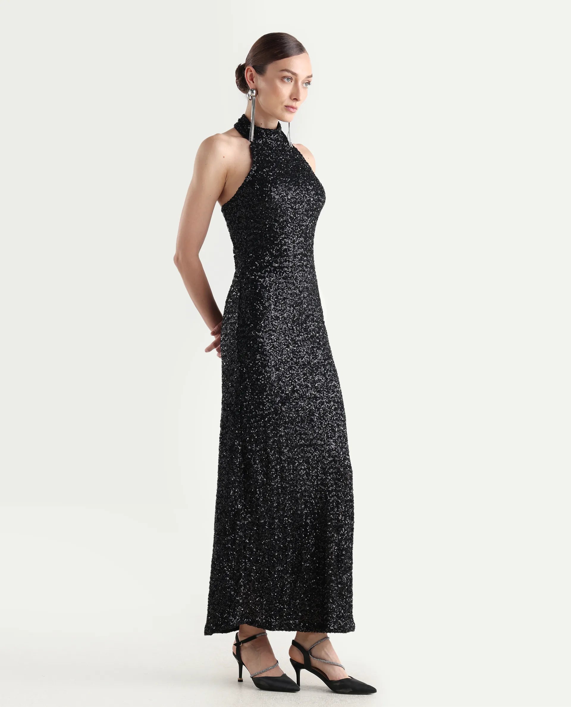 Rareism Women's Ardhan Metallic Black Sequined Halter Neck Plain Sleeveless Maxi Fitted Dress