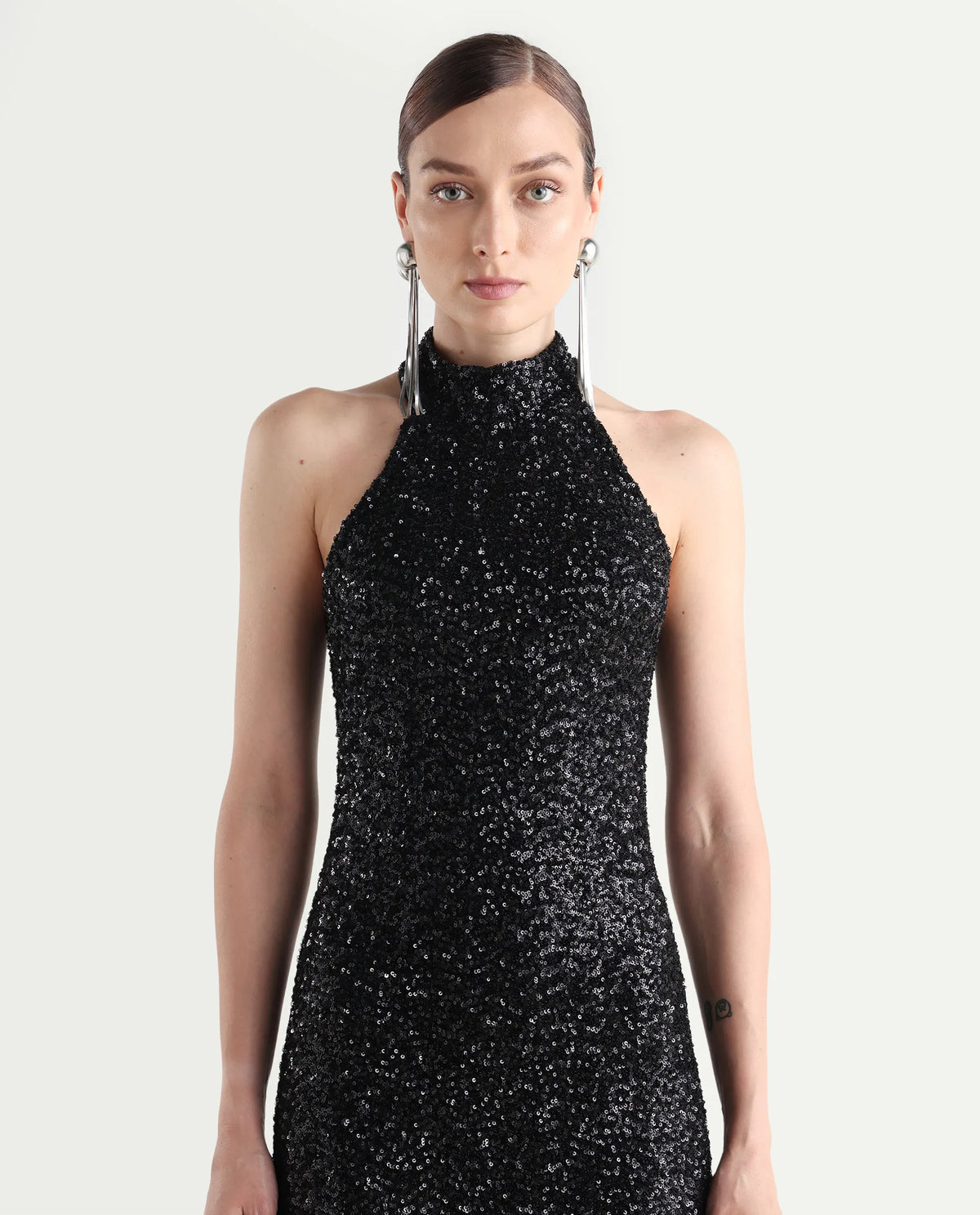 Rareism Women's Ardhan Metallic Black Sequined Halter Neck Plain Sleeveless Maxi Fitted Dress