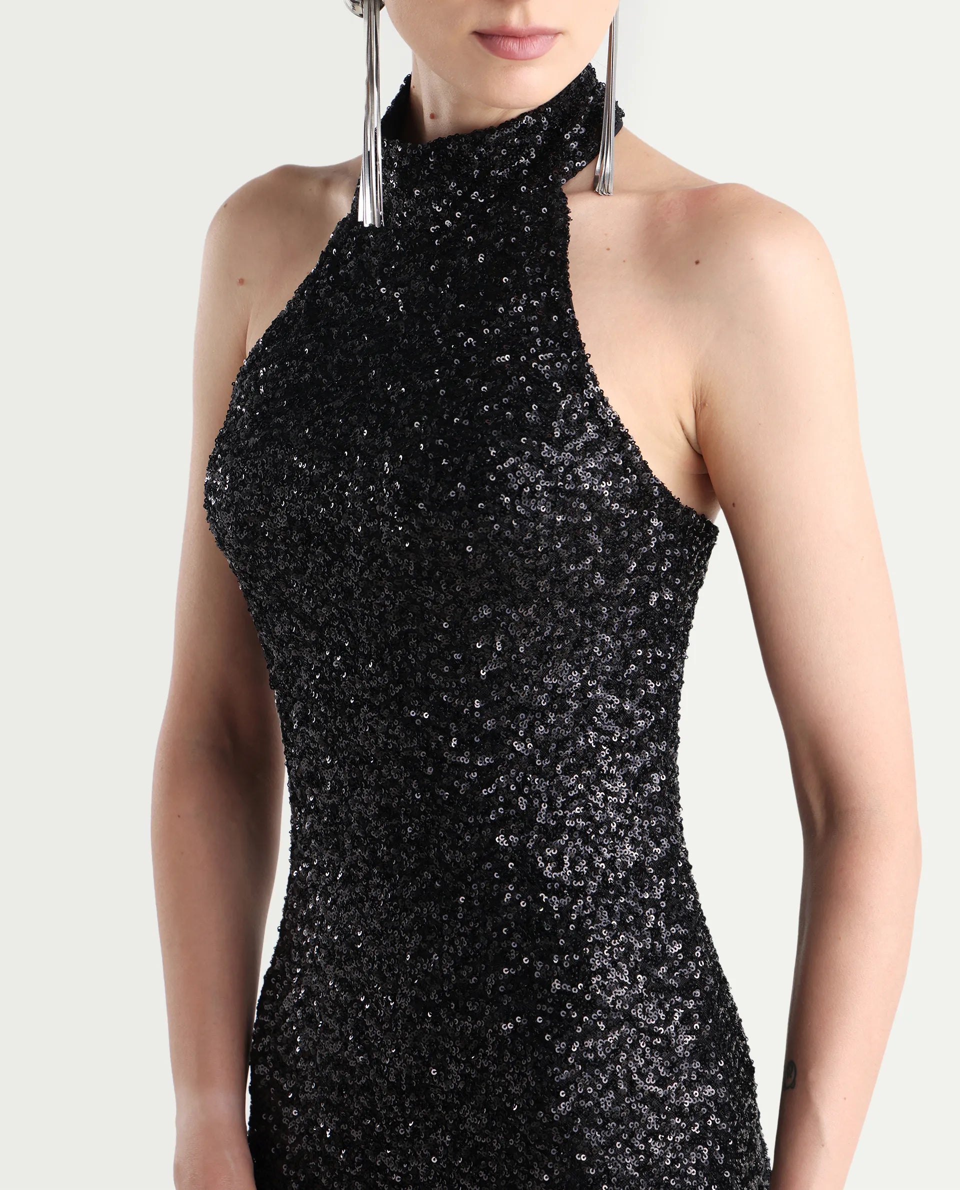 Rareism Women's Ardhan Metallic Black Sequined Halter Neck Plain Sleeveless Maxi Fitted Dress