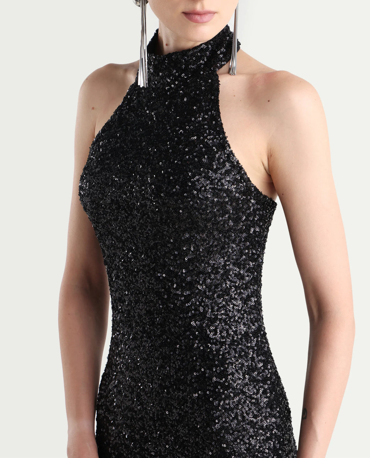Rareism Women's Ardhan Metallic Black Sequined Halter Neck Plain Sleeveless Maxi Fitted Dress
