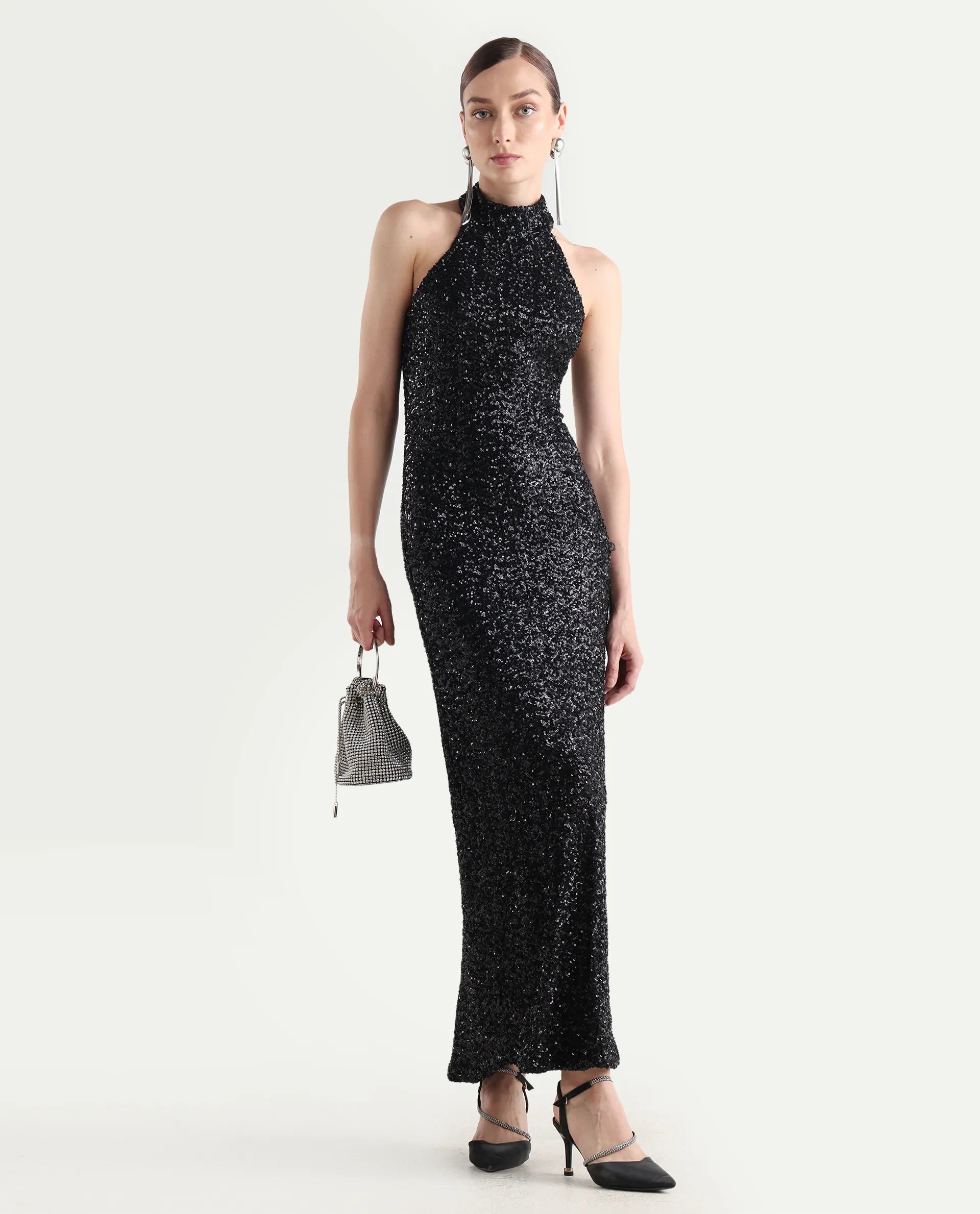 Rareism Women's Ardhan Metallic Black Sequined Halter Neck Plain Sleeveless Maxi Fitted Dress