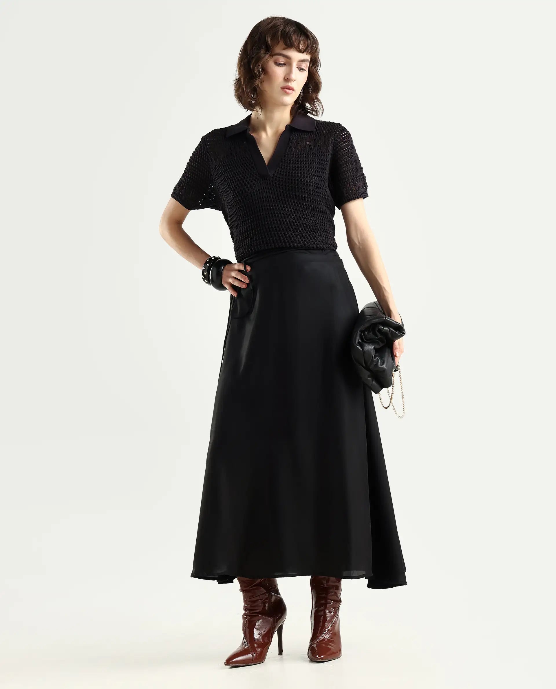 Rareism Women's Wagna Black Polyester Plain Maxi Flared Skirt