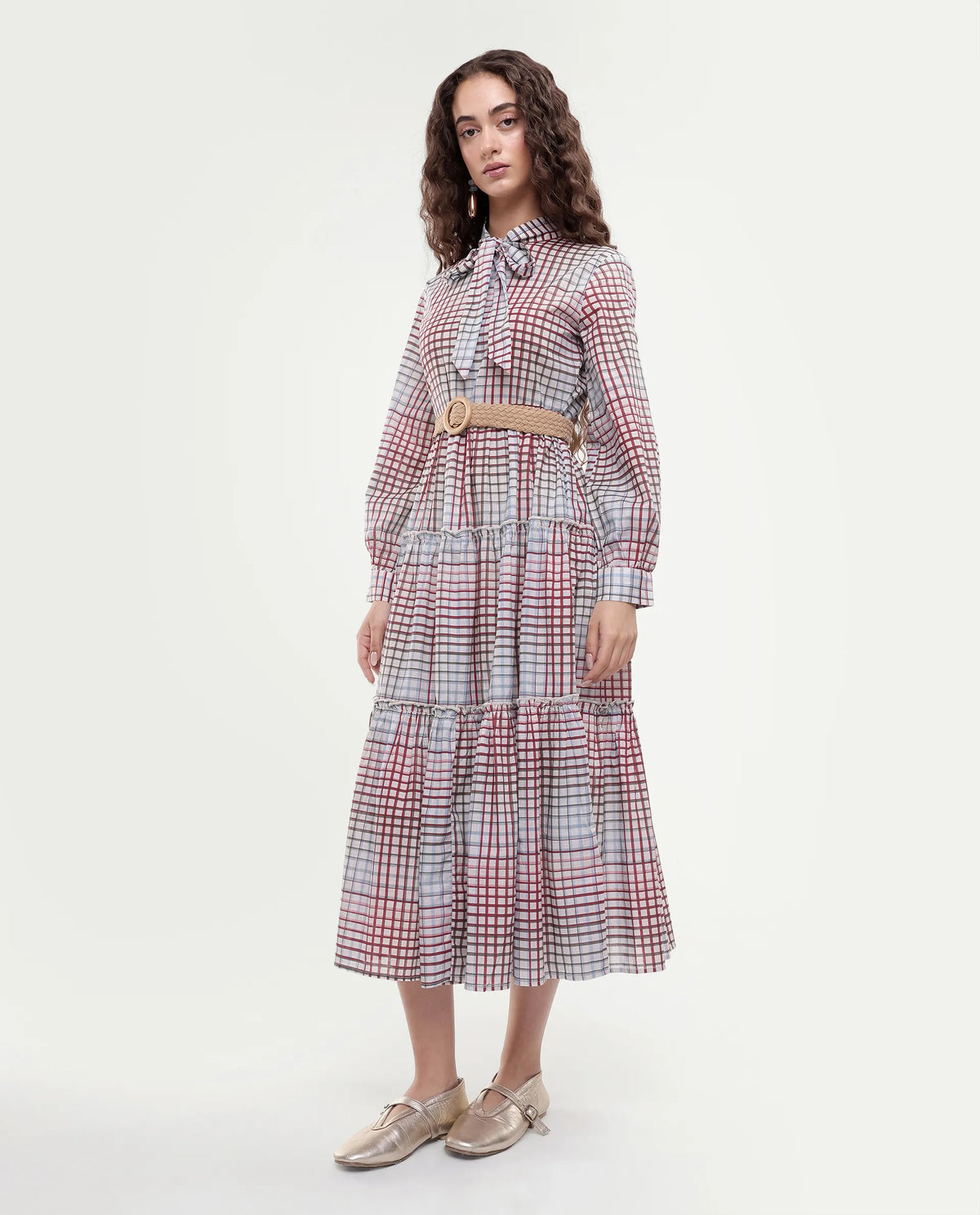 Rareism Women's Adilpi Multi Cotton Tie-Up Neck Flannel Print Bishop Sleeve Midi Fit And Flare Dress