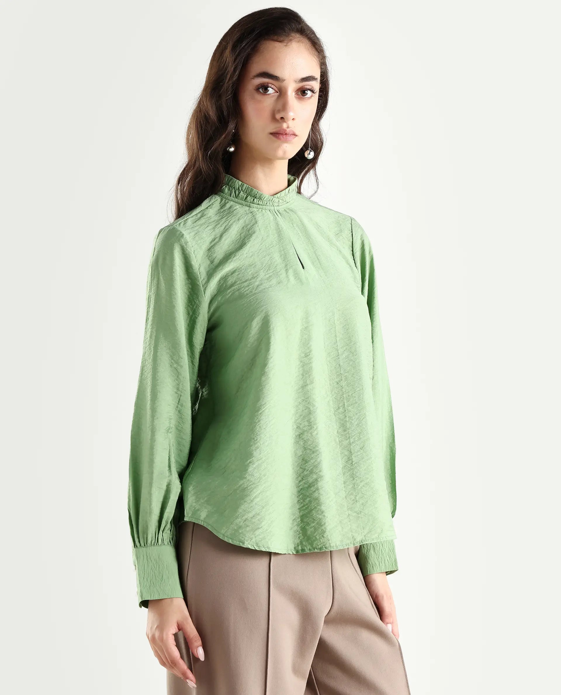 Rareism Women's Charen Light Green Nylon Blend Halter Neck Plain Bishop Sleeve Relaxed Fit Top