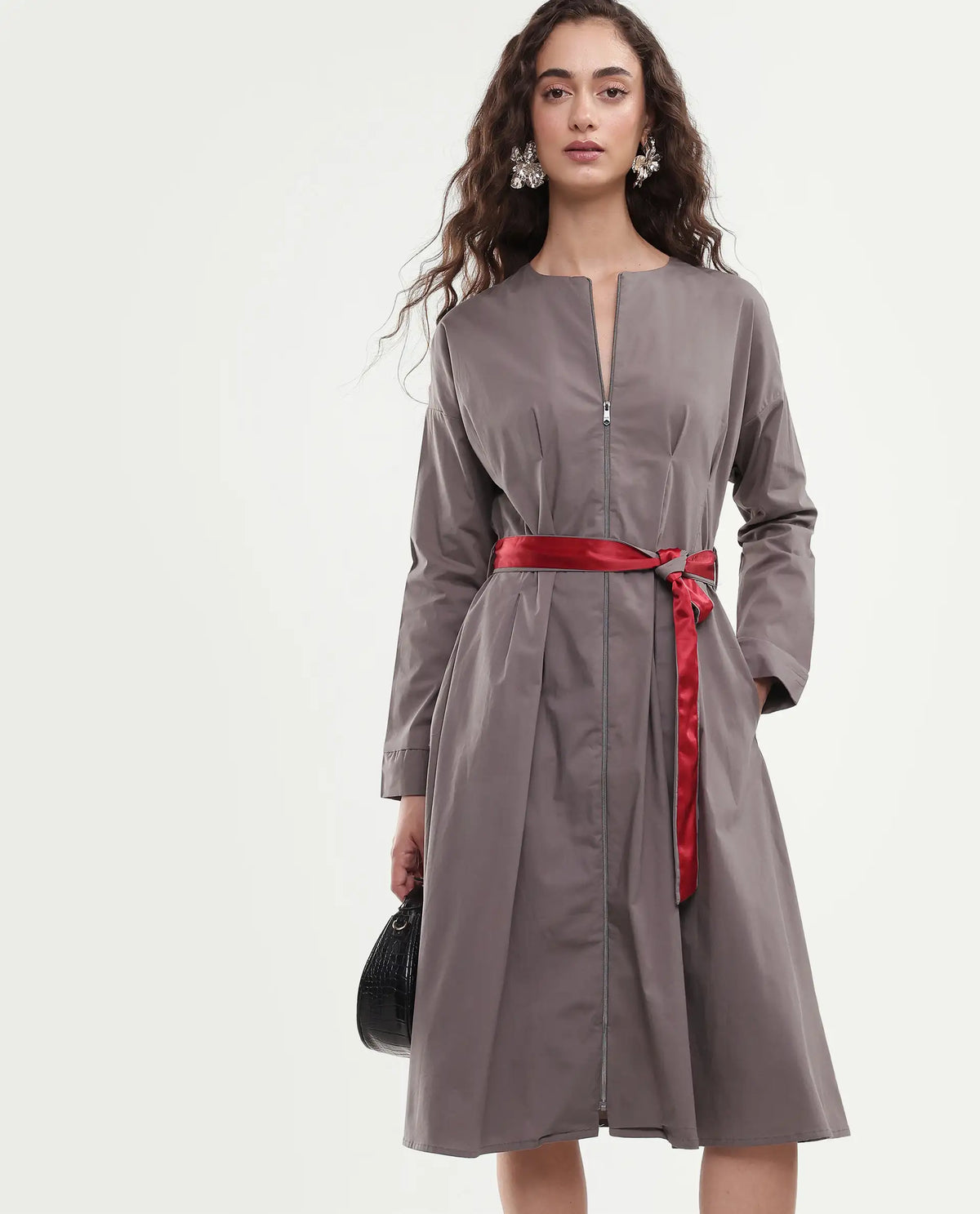 Rareism Women's Cyti Grey Cotton Blend Round Neck Plain Cuffed Sleeve Knee Length Flared Dress
