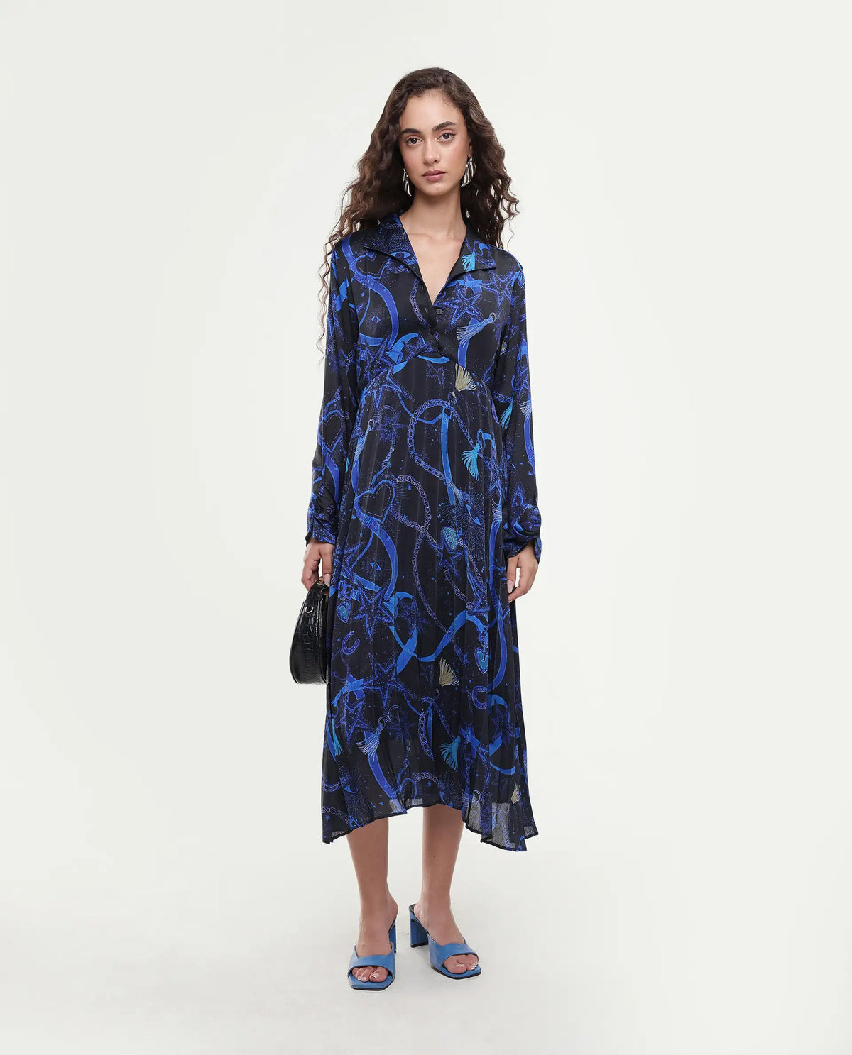 Rareism Women's Romros Dark Multi Satin Drop Collar Abstract Print Cuffed Sleeve Midi Flared Dress