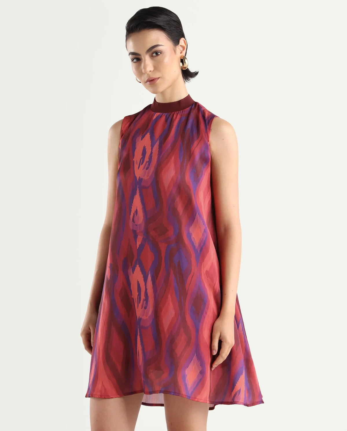 Rareism Women's Yaden Multi Satin Turtle Neck Abstract Print Sleeveless Knee Length Flared Dress