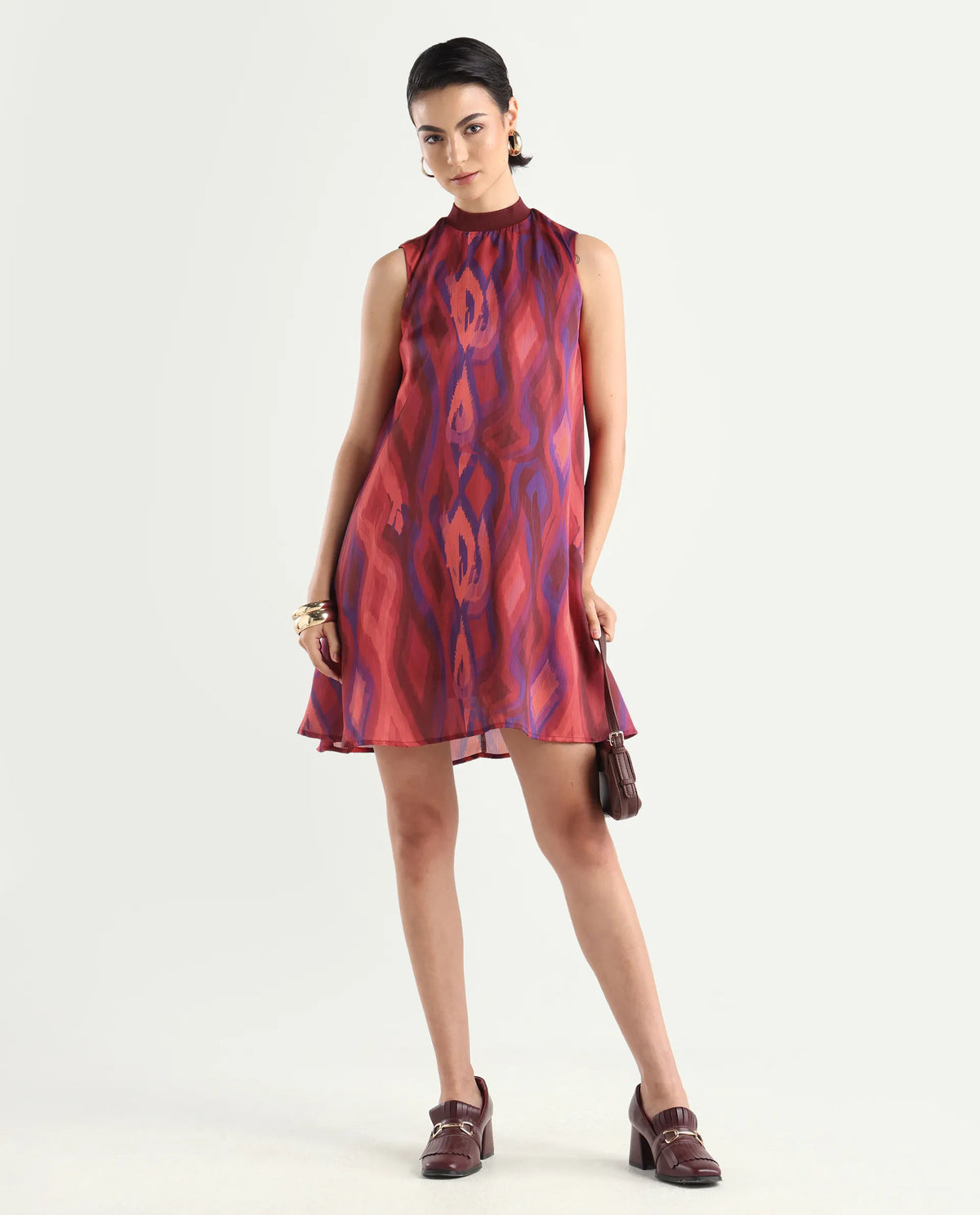 Rareism Women's Yaden Multi Satin Turtle Neck Abstract Print Sleeveless Knee Length Flared Dress