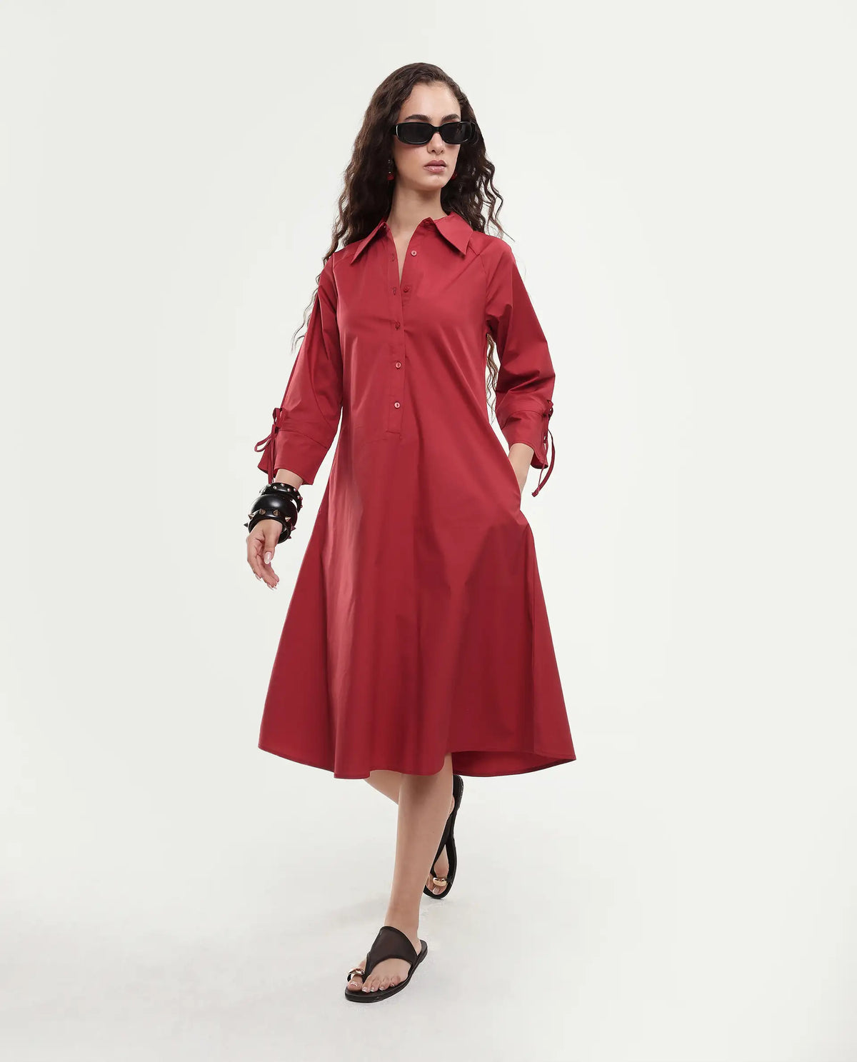 Rareism Women's Junb Dark Rust Cotton Blend Drop Collar Plain Raglan Sleeve Knee Length A-Line Dress