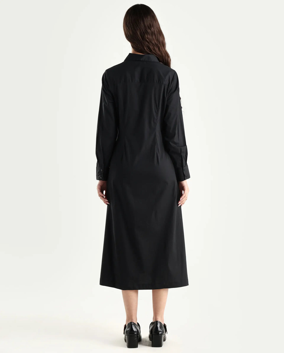 Rareism Women's Libz Black Cotton Blend Drop Collar Plain Cuffed Sleeve Midi Fit And Flare Dress