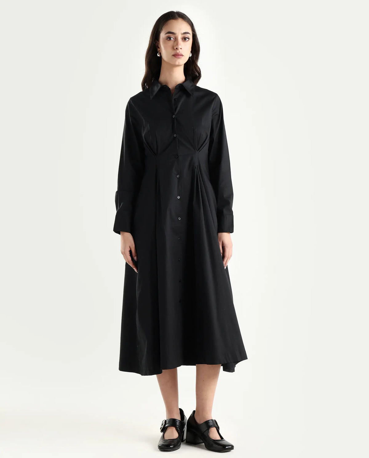 Rareism Women's Libz Black Cotton Blend Drop Collar Plain Cuffed Sleeve Midi Fit And Flare Dress
