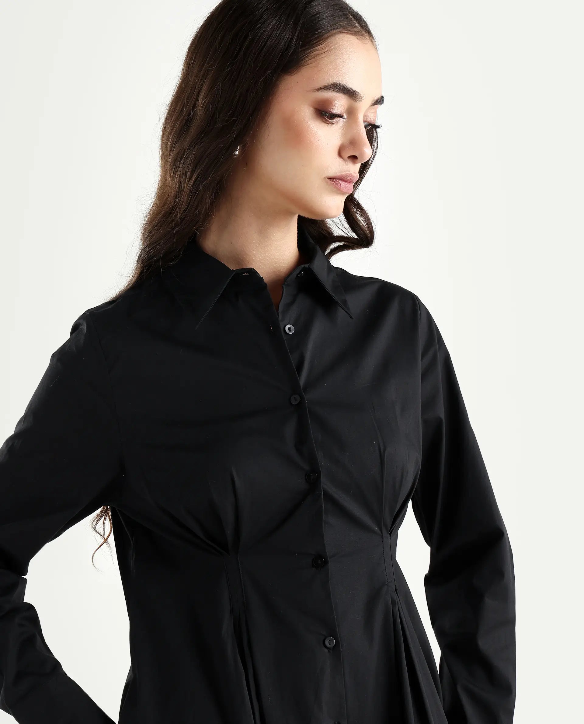 Rareism Women's Libz Black Cotton Blend Drop Collar Plain Cuffed Sleeve Midi Fit And Flare Dress