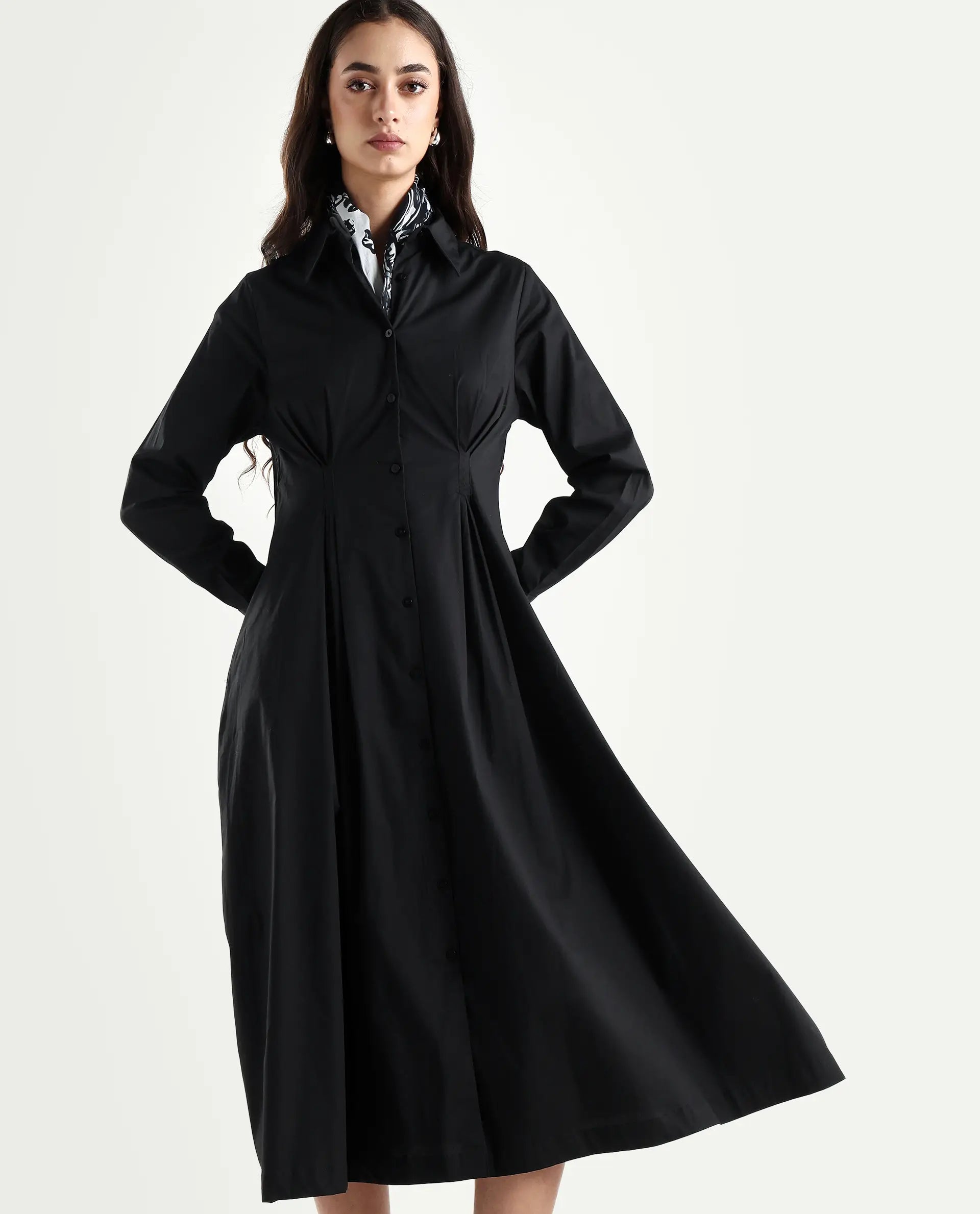 Rareism Women's Libz Black Cotton Blend Drop Collar Plain Cuffed Sleeve Midi Fit And Flare Dress