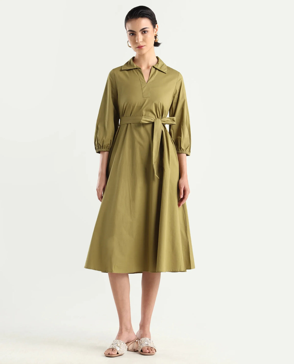 Rareism Women's Desal Olive Cotton Blend Drop Collar Plain Bishop Sleeve Midi Flared Dress