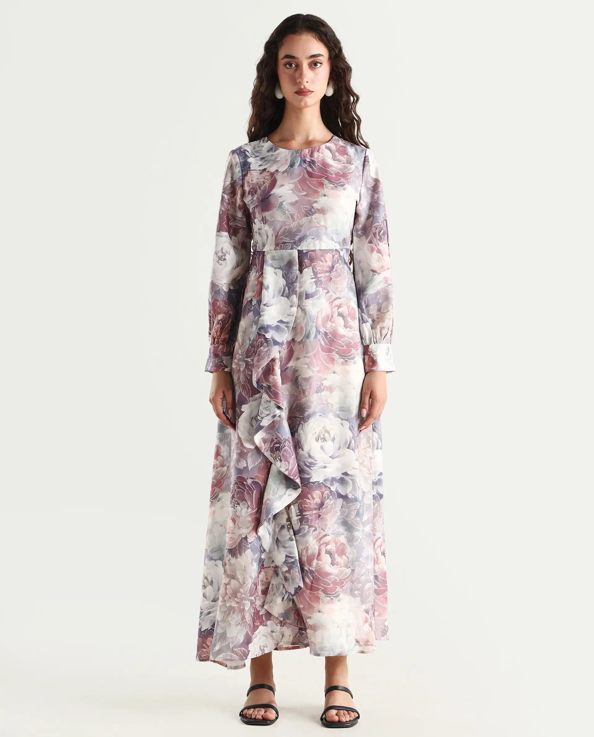 Rareism Women's Vienne Light Multi Satin Round Neck Floral Print Puff Sleeves Maxi Flared Dress