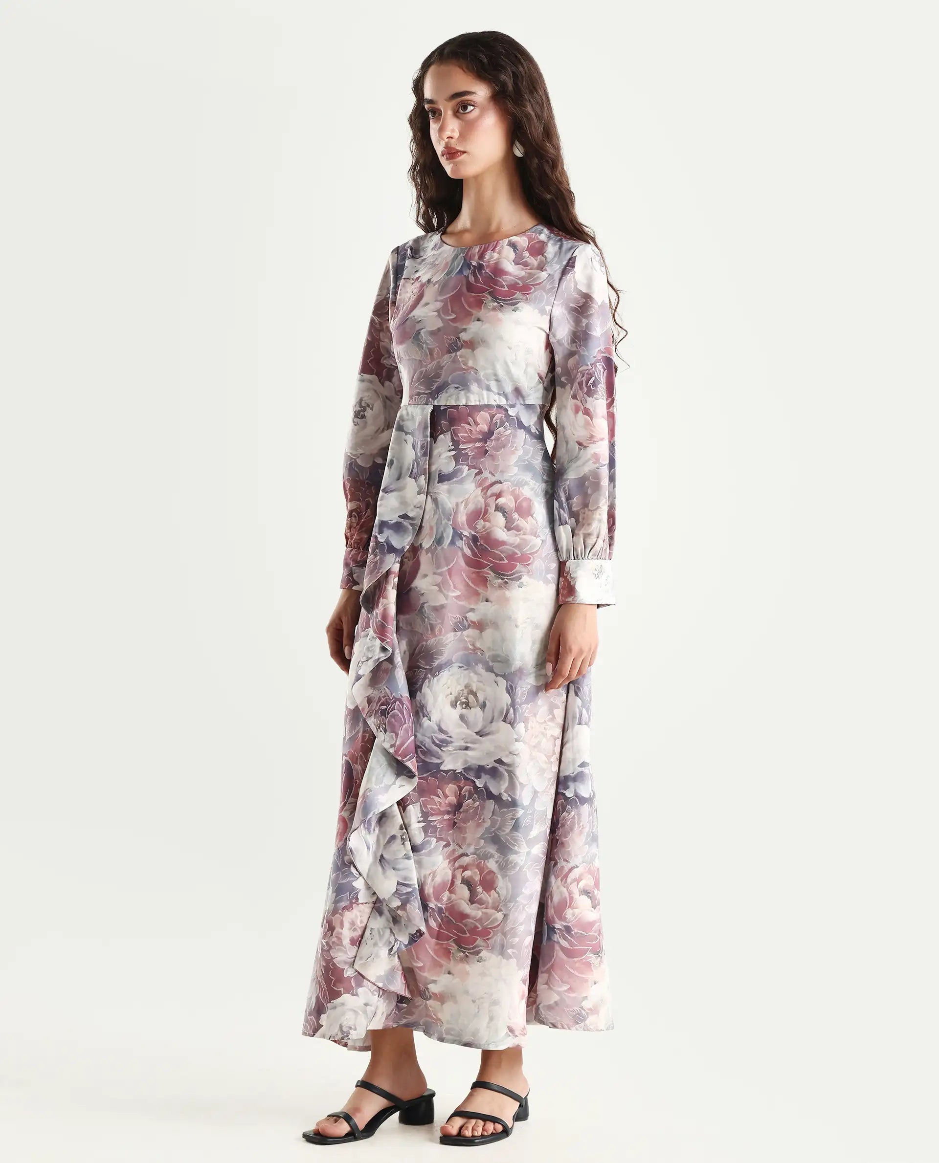 Rareism Women's Vienne Light Multi Satin Round Neck Floral Print Puff Sleeves Maxi Flared Dress