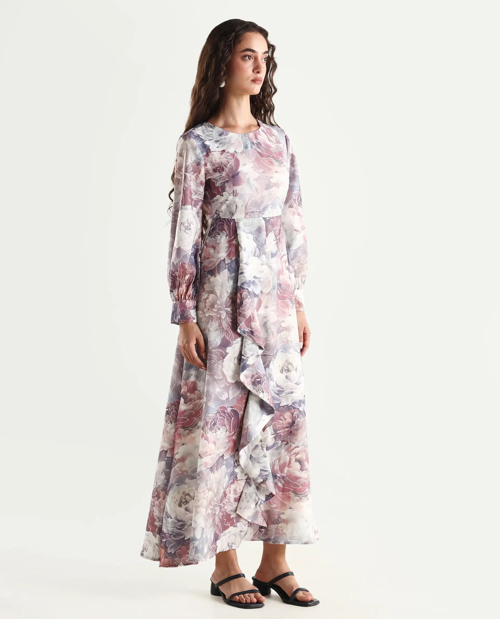 Rareism Women's Vienne Light Multi Satin Round Neck Floral Print Puff Sleeves Maxi Flared Dress