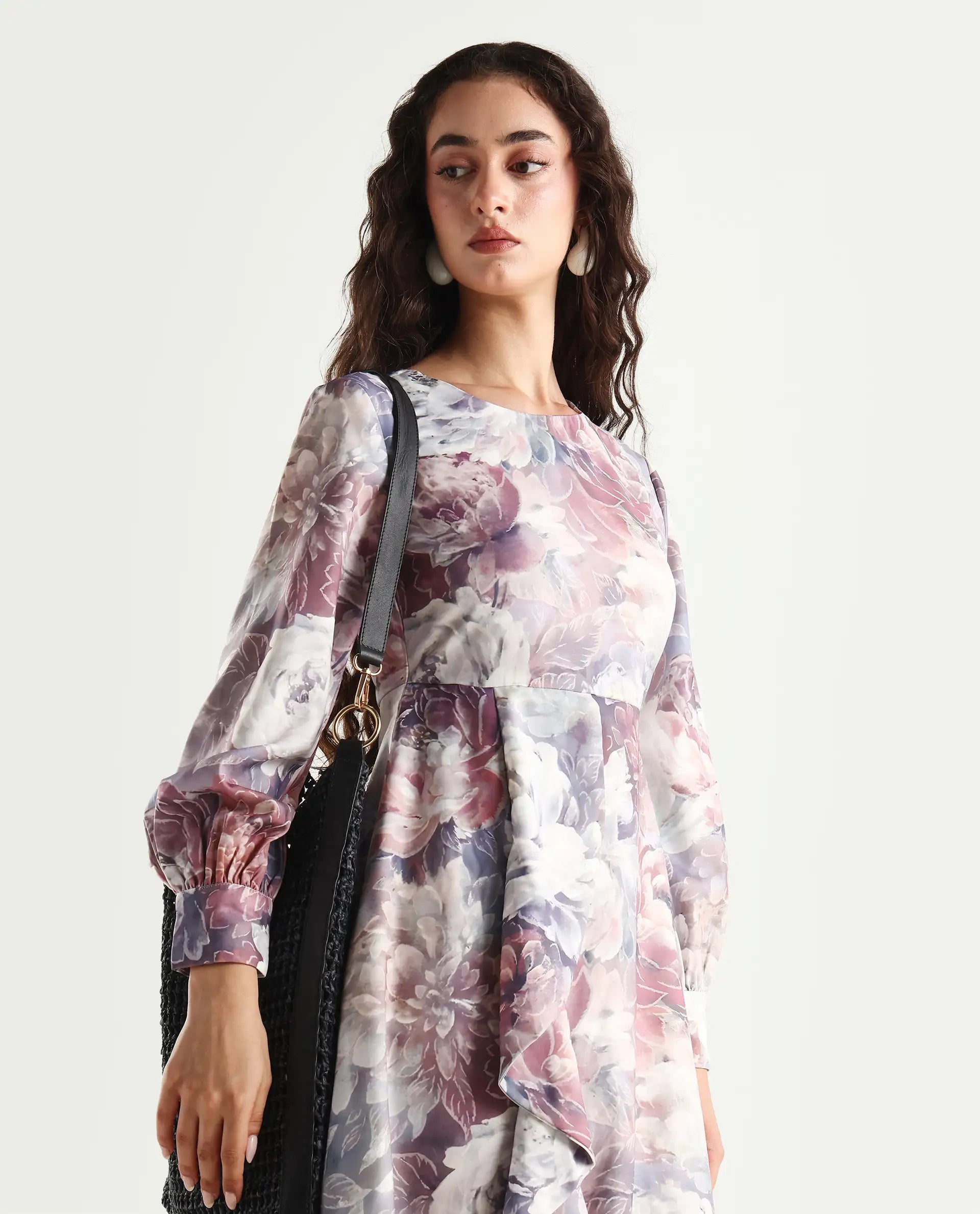 Rareism Women's Vienne Light Multi Satin Round Neck Floral Print Puff Sleeves Maxi Flared Dress