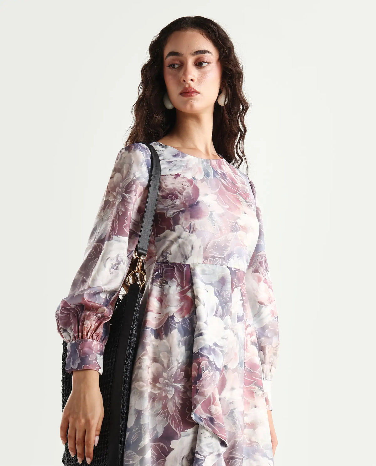 Rareism Women's Vienne Light Multi Satin Round Neck Floral Print Puff Sleeves Maxi Flared Dress