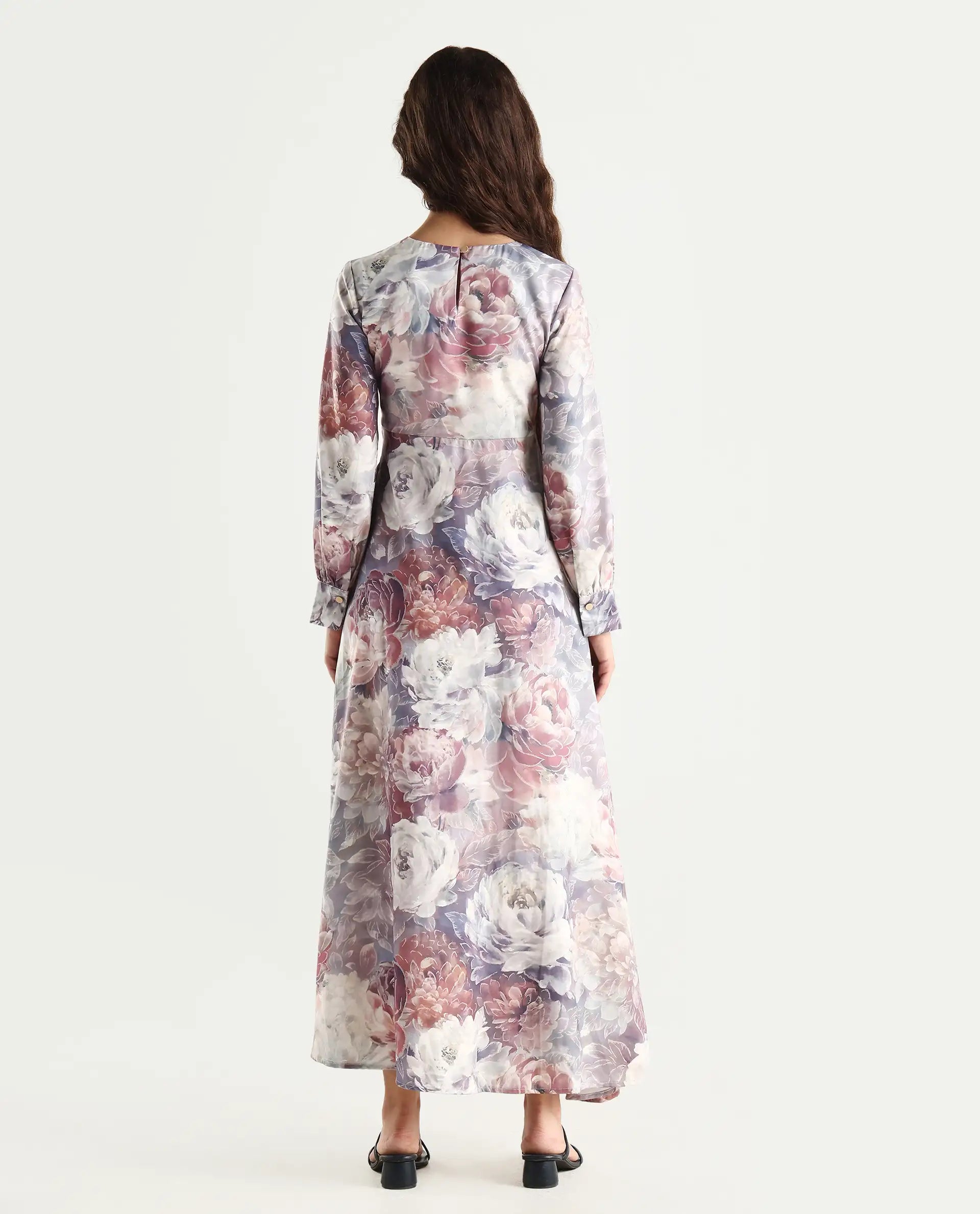 Rareism Women's Vienne Light Multi Satin Round Neck Floral Print Puff Sleeves Maxi Flared Dress