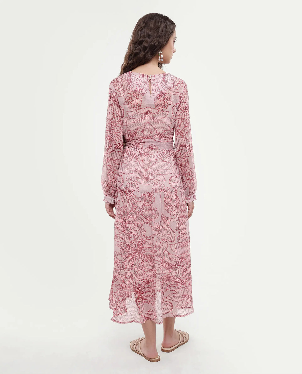 Rareism Women's Polima Multi Cotton Round Neck Abstract Print Bishop Sleeve Midi Flared Dress