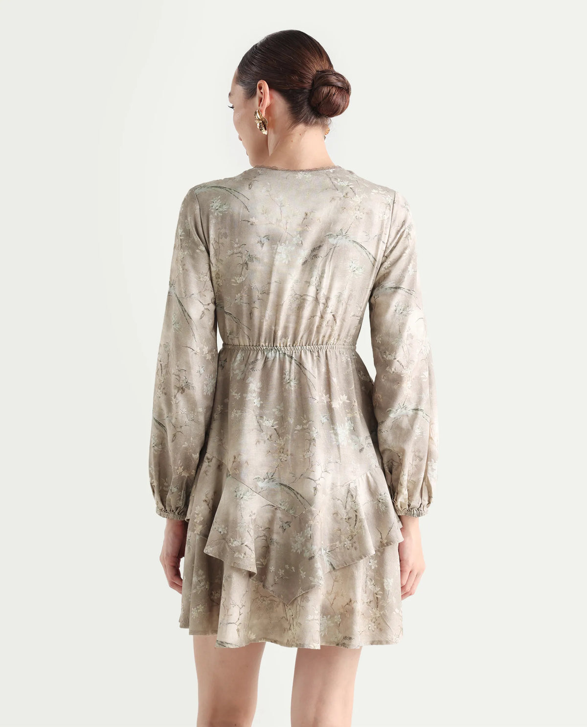 Rareism Women's Wesdure Beige Rayon V-Neck Floral Print Bishop Sleeve Knee Length Fit And Flare Dress