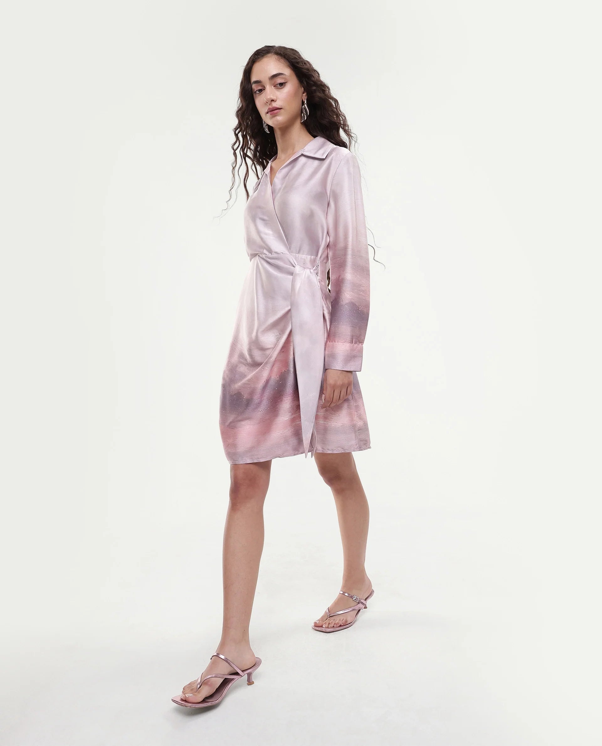 Rareism Women's Qert Dusky Multi Satin Johnny Collar Abstract Print Cuffed Sleeve Mini Straight Fit Dress