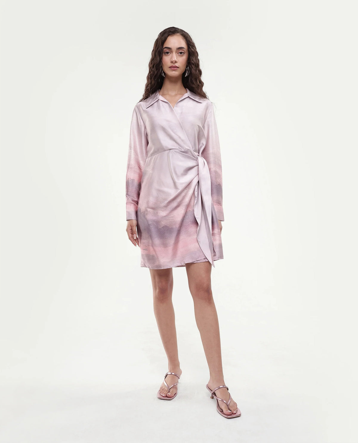 Rareism Women's Qert Dusky Multi Satin Johnny Collar Abstract Print Cuffed Sleeve Mini Straight Fit Dress