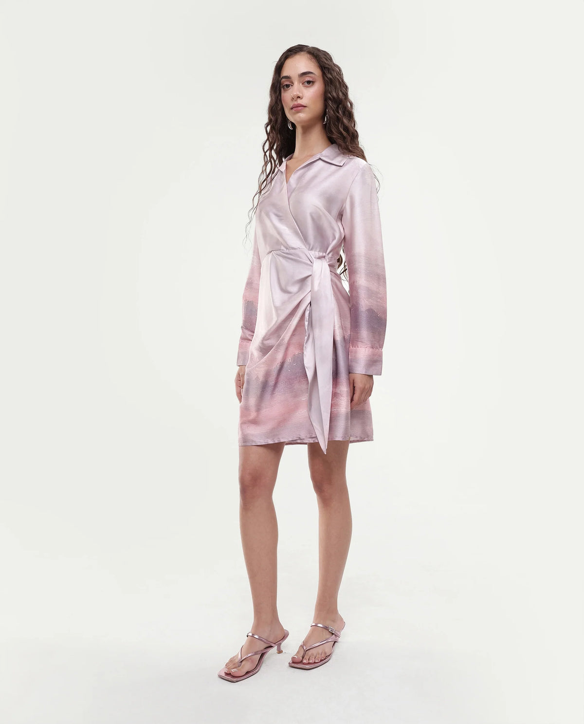 Rareism Women's Qert Dusky Multi Satin Johnny Collar Abstract Print Cuffed Sleeve Mini Straight Fit Dress