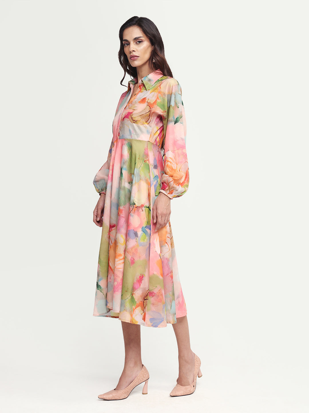 Rareism Women's Rhun Multi Polyester Blend Spread Collar Abstract Print Cuffed Sleeve Midi Fit And Flare Dress