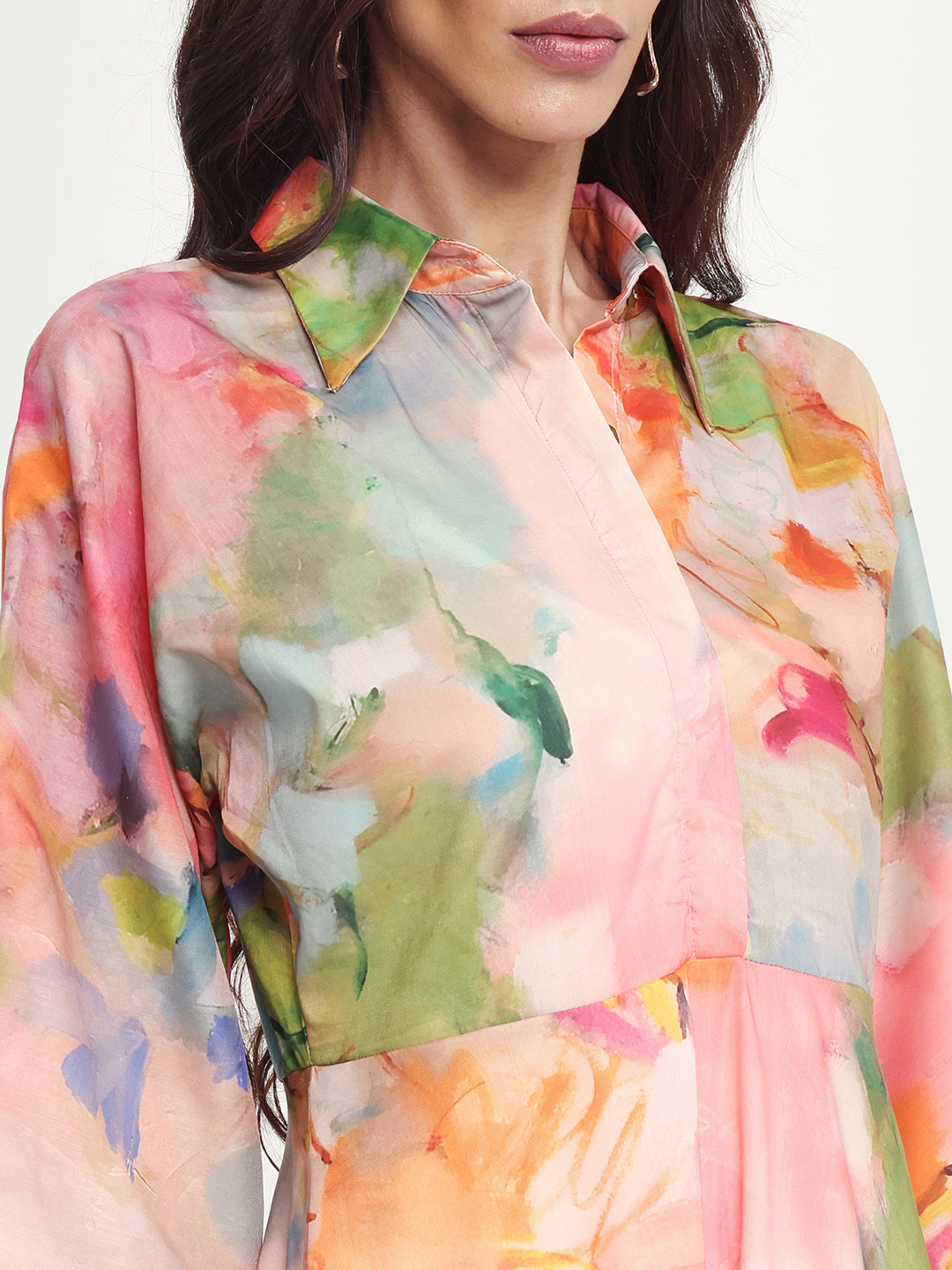 Rareism Women's Rhun Multi Polyester Blend Spread Collar Abstract Print Cuffed Sleeve Midi Fit And Flare Dress