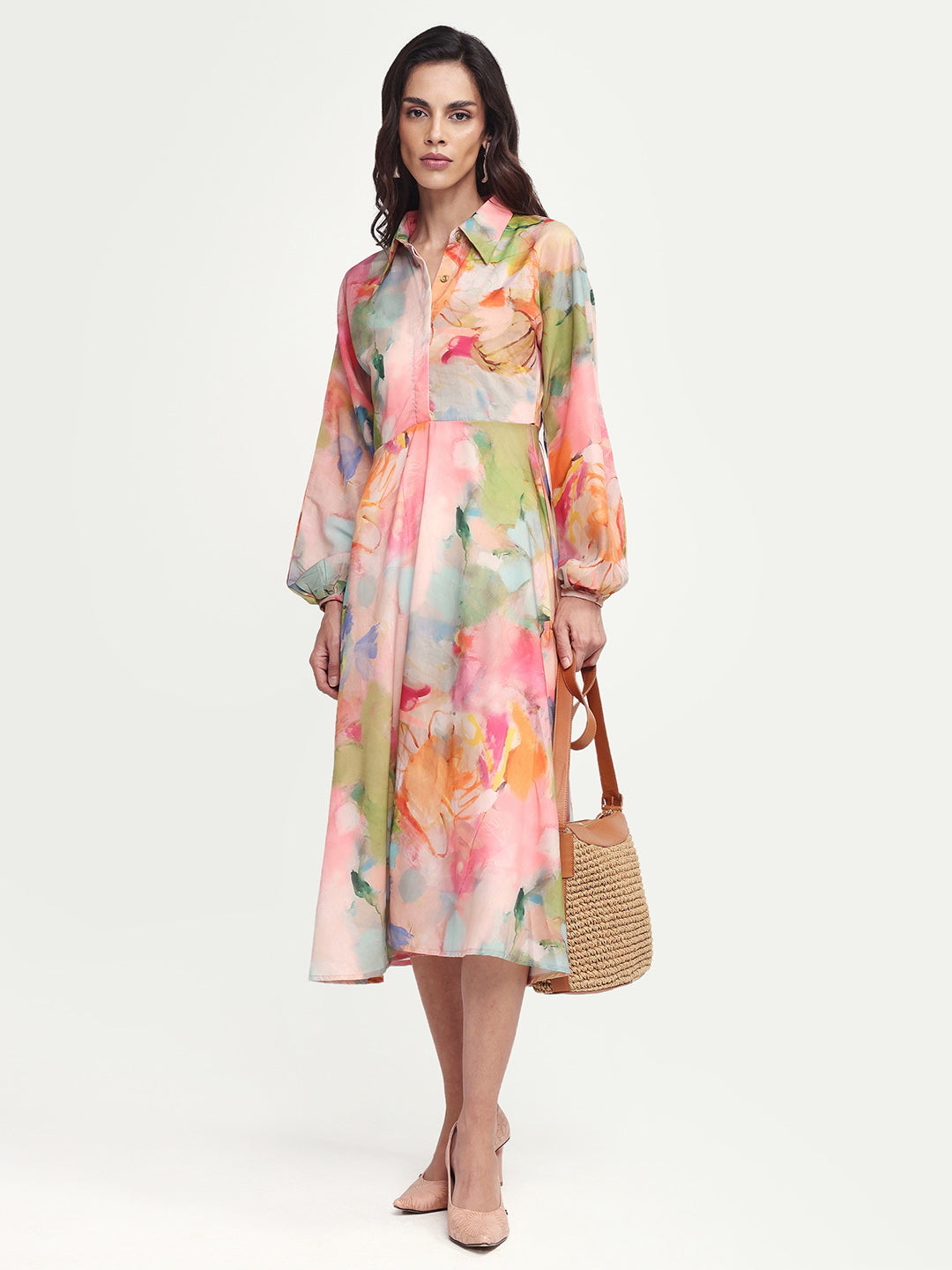 Rareism Women's Rhun Multi Polyester Blend Spread Collar Abstract Print Cuffed Sleeve Midi Fit And Flare Dress