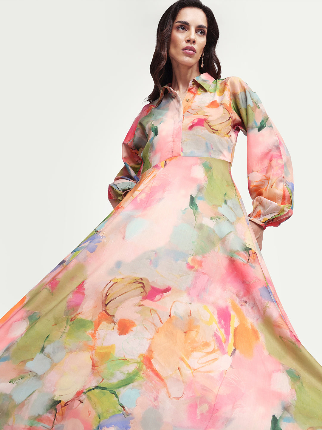 Rareism Women's Rhun Multi Polyester Blend Spread Collar Abstract Print Cuffed Sleeve Midi Fit And Flare Dress