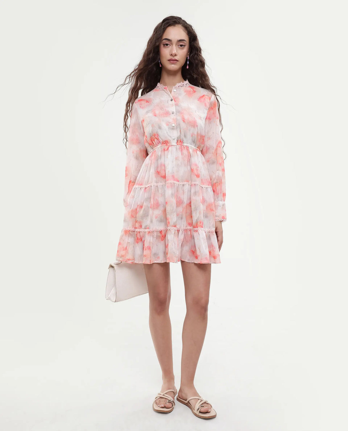 Rareism Women's Viver Off White Polyester Stand Collar Abstract Print Puff Sleeves Mini Fit And Flare Dress