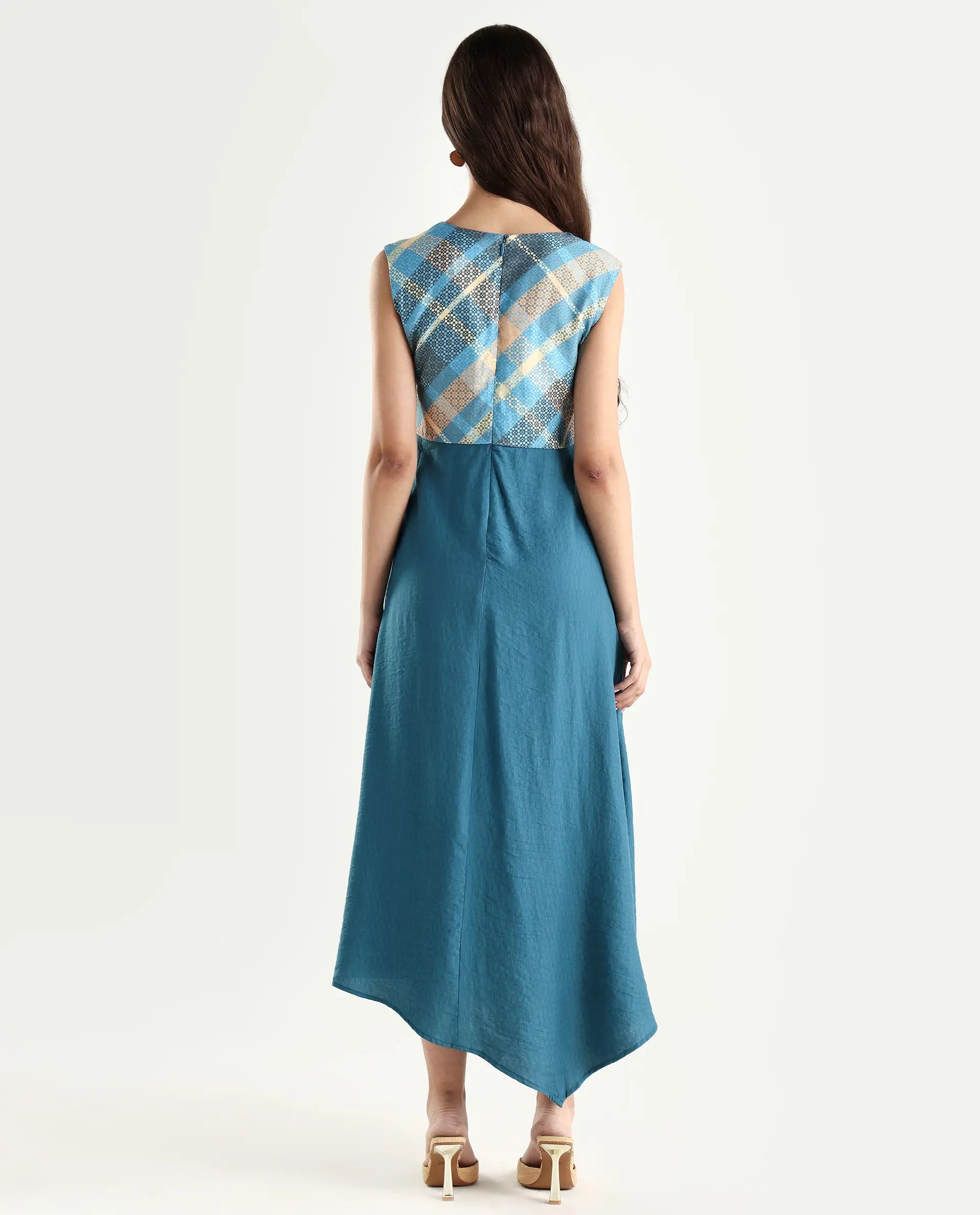 Rareism Women's Riskal Blue Cotton Round Neck Flannel Print Sleeveless Maxi Fit And Flare Dress